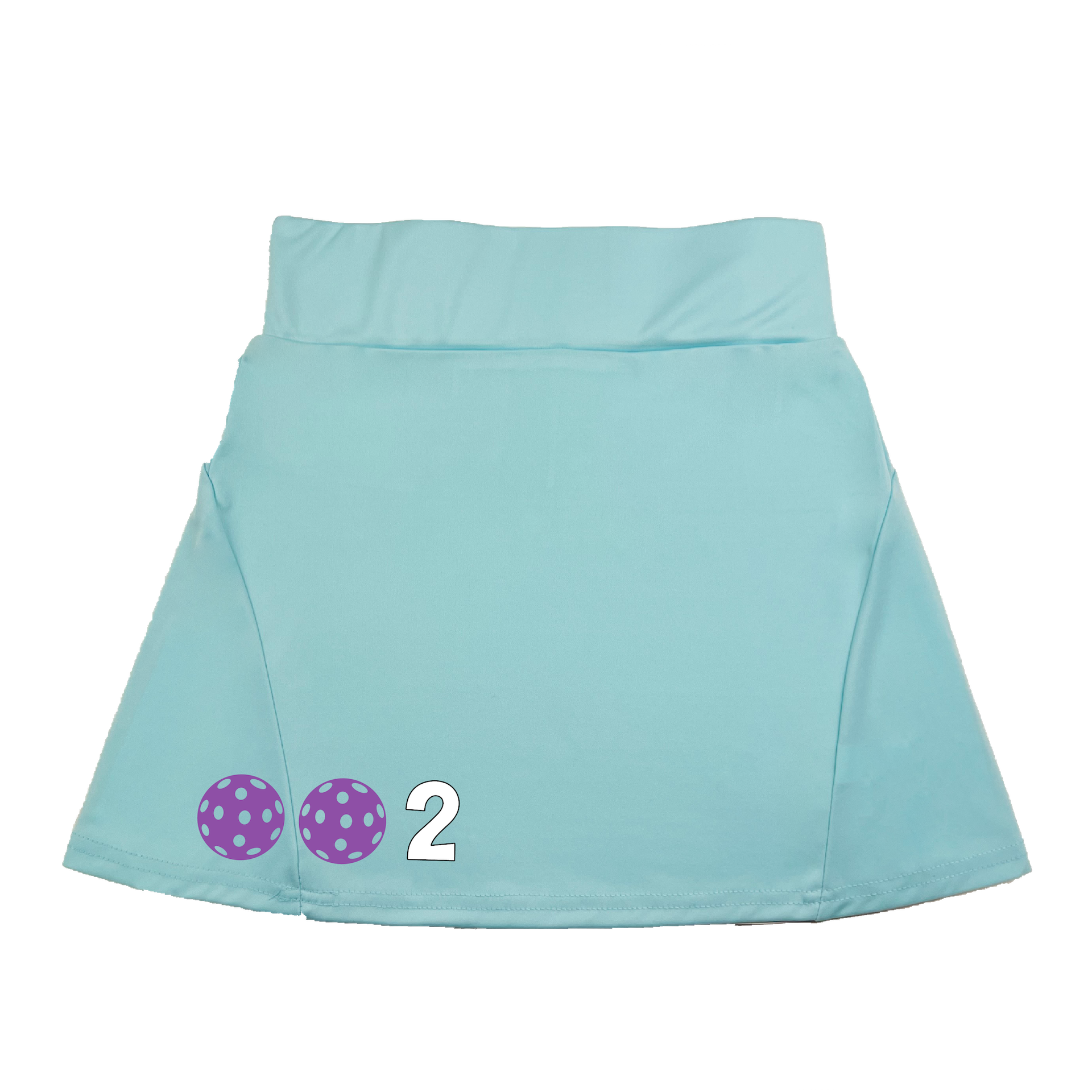 Pickleball 002 Customizable Ball color:  Choose: Cyan , Purple or Rainbow.  Pickleball Flirty These flirty skorts have a flat mid-rise waistband with a 3-inch waistband.  Light weight without being see through and the material wicks away moisture quickly.  Flirty pleats in the back with inner shorts for free movement and stylish coverage on the courts.  A functional zipper pocket on the back and two built in pockets on the shorts for convenient storage. The rear pleats are what make these skorts fabulous!  