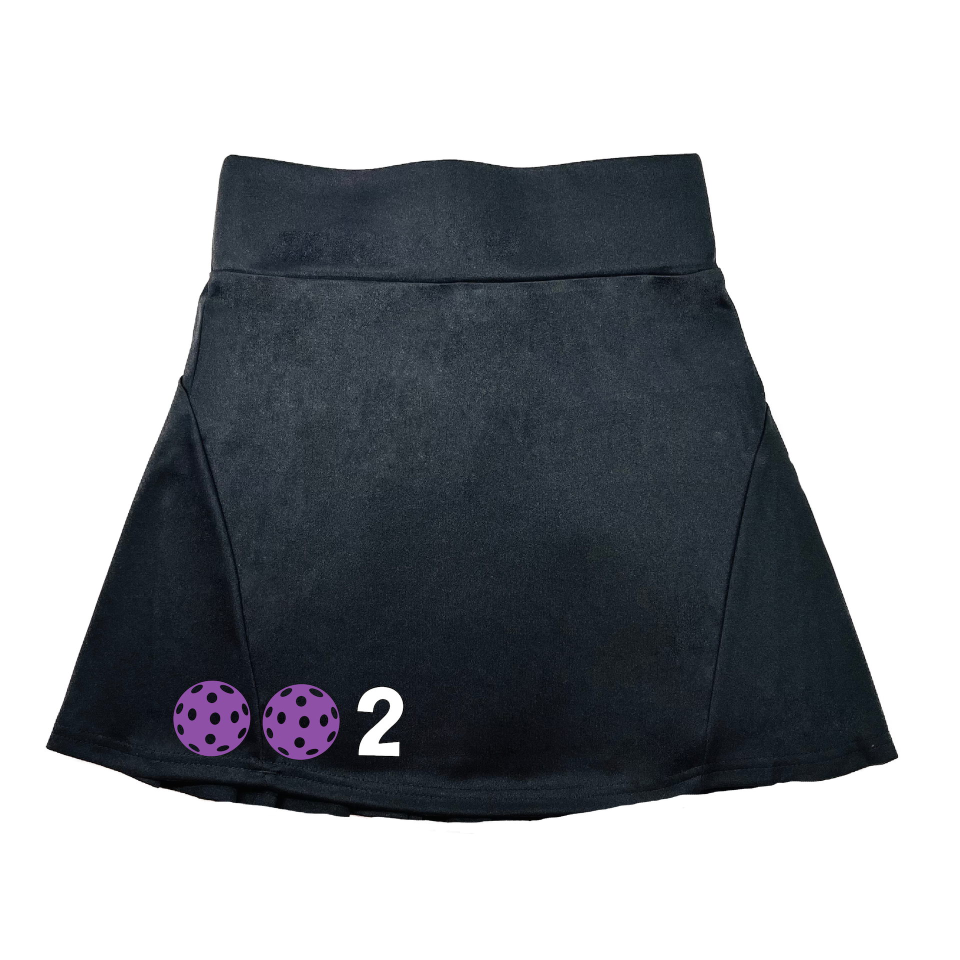 Pickleball 002 Customizable Ball color:  Choose: Cyan , Purple or Rainbow.  Pickleball Flirty These flirty skorts have a flat mid-rise waistband with a 3-inch waistband.  Light weight without being see through and the material wicks away moisture quickly.  Flirty pleats in the back with inner shorts for free movement and stylish coverage on the courts.  A functional zipper pocket on the back and two built in pockets on the shorts for convenient storage. The rear pleats are what make these skorts fabulous!  