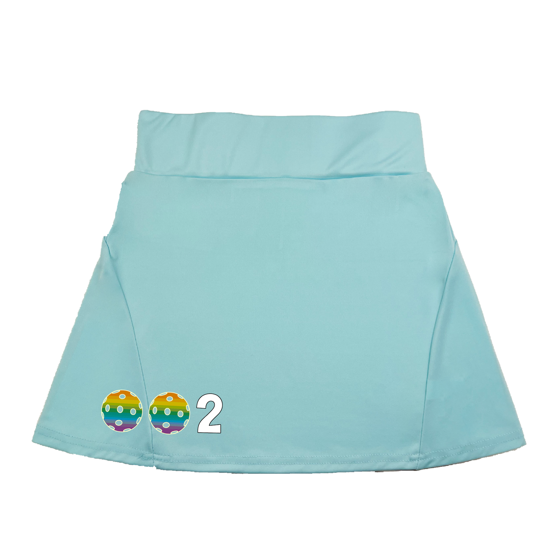 Pickleball 002 Customizable Ball color:  Choose: Cyan , Purple or Rainbow.  Pickleball Flirty These flirty skorts have a flat mid-rise waistband with a 3-inch waistband.  Light weight without being see through and the material wicks away moisture quickly.  Flirty pleats in the back with inner shorts for free movement and stylish coverage on the courts.  A functional zipper pocket on the back and two built in pockets on the shorts for convenient storage. The rear pleats are what make these skorts fabulous!  