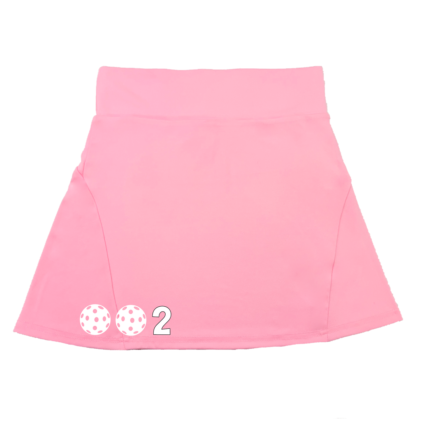 Pickleball Flirty Skort Design: 002 Customizable Pickleball Ball color:  Choose: White - Green -Yellow or Pink.  These flirty skorts have a flat mid-rise waistband with a 3 inch waistband.  Light weight without being see through and the material wicks away moisture quickly.  Flirty pleats in the back with inner shorts for free movement and stylish coverage on the courts.  A functional zipper pocket on the back and two built in pockets on the shorts for convenient storage. 