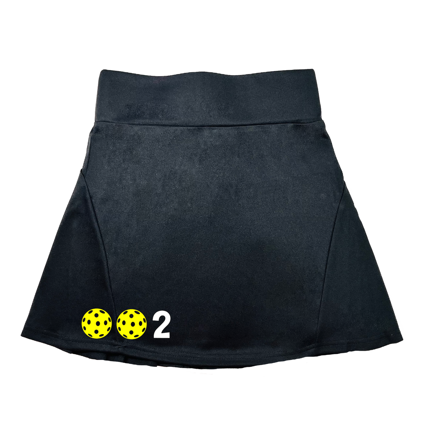 Pickleball Flirty Skort Design: 002 Customizable Pickleball Ball color:  Choose: White, Yellow or Pink.  These flirty skorts have a flat mid-rise waistband with a 3-inch waistband.  Light weight without being see through and the material wicks away moisture quickly.  Flirty pleats in the back with inner shorts for free movement and stylish coverage on the courts.  A functional zipper pocket on the back and two built in pockets on the shorts for convenient storage. 