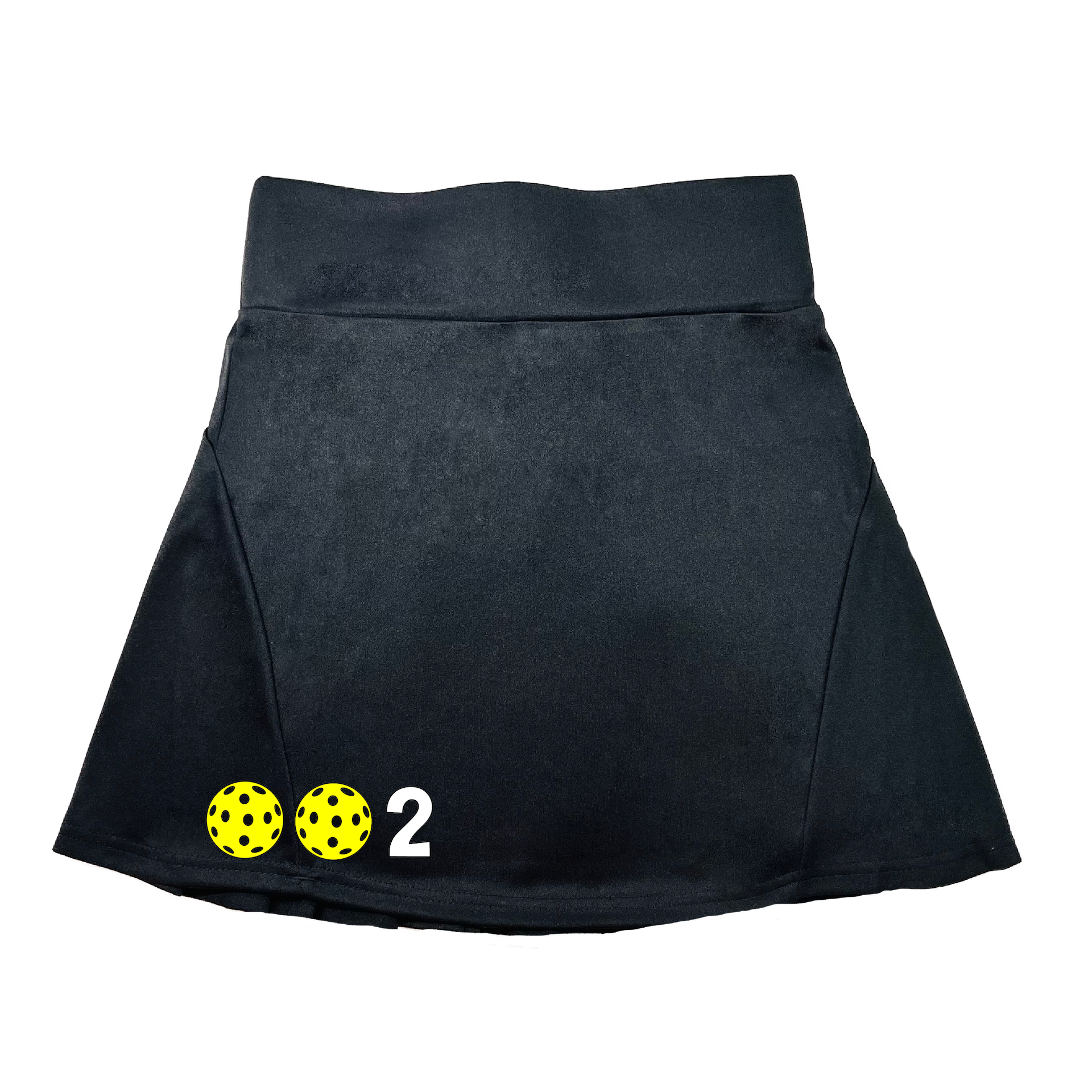 Pickleball Flirty Skort Design: 002 Customizable Pickleball Ball color:  Choose: White, Yellow or Pink.  These flirty skorts have a flat mid-rise waistband with a 3-inch waistband.  Light weight without being see through and the material wicks away moisture quickly.  Flirty pleats in the back with inner shorts for free movement and stylish coverage on the courts.  A functional zipper pocket on the back and two built in pockets on the shorts for convenient storage. 