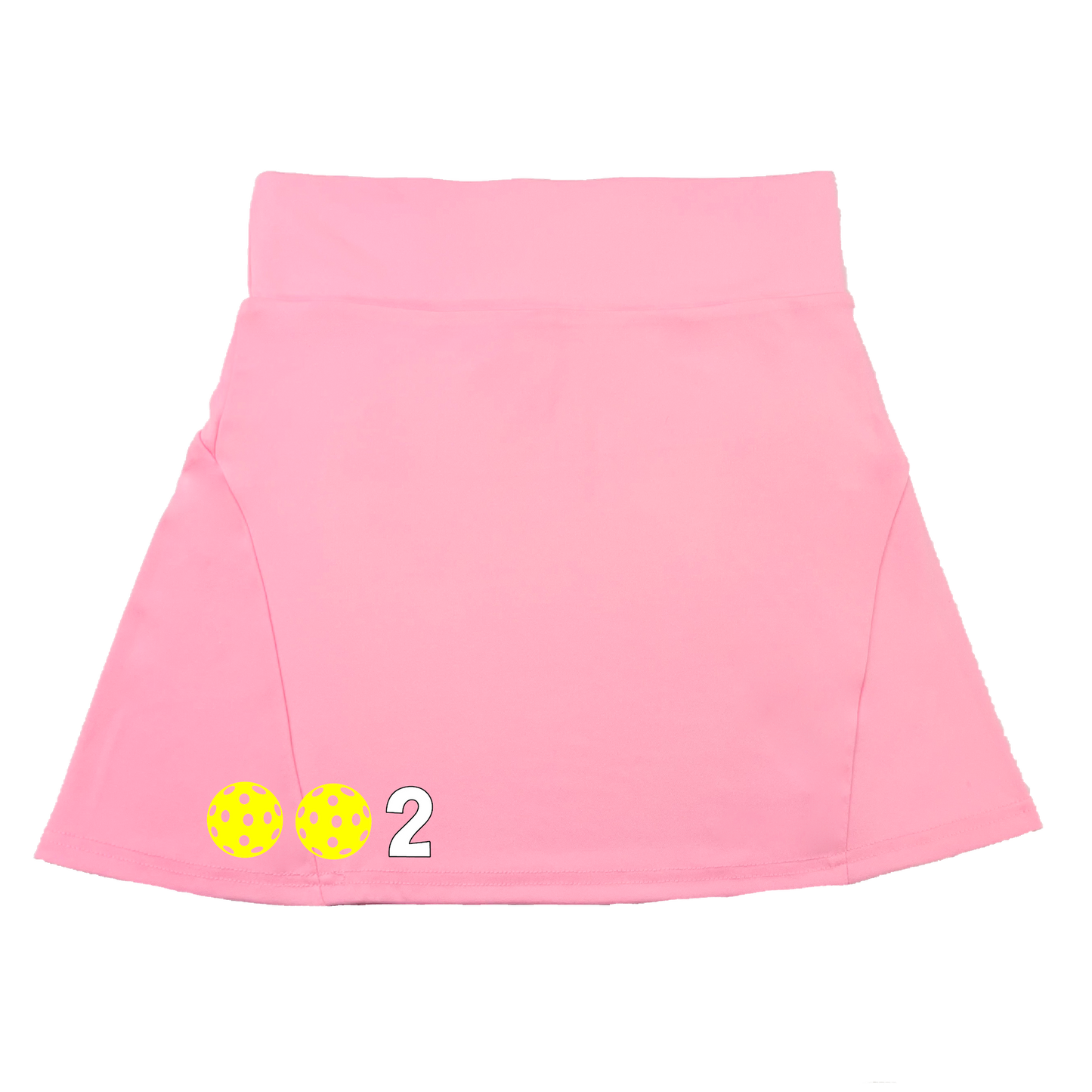 Pickleball Flirty Skort Design: 002 Customizable Pickleball Ball color:  Choose: White, Yellow or Pink.  These flirty skorts have a flat mid-rise waistband with a 3-inch waistband.  Light weight without being see through and the material wicks away moisture quickly.  Flirty pleats in the back with inner shorts for free movement and stylish coverage on the courts.  A functional zipper pocket on the back and two built in pockets on the shorts for convenient storage. 