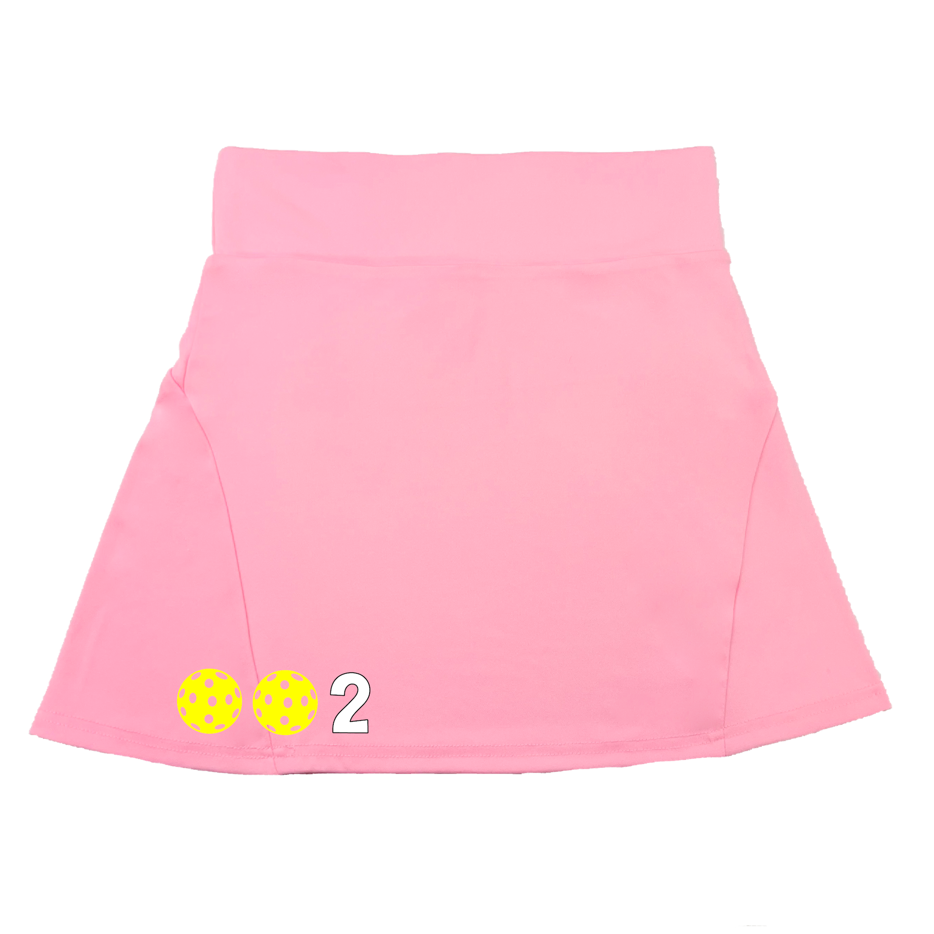 Pickleball Flirty Skort Design: 002 Customizable Pickleball Ball color:  Choose: White, Yellow or Pink.  These flirty skorts have a flat mid-rise waistband with a 3-inch waistband.  Light weight without being see through and the material wicks away moisture quickly.  Flirty pleats in the back with inner shorts for free movement and stylish coverage on the courts.  A functional zipper pocket on the back and two built in pockets on the shorts for convenient storage. 