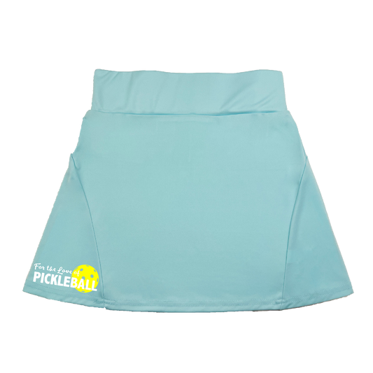 Pickleball Flirty Skort Design:  For The Love of Pickleball   These flirty skorts have a flat mid-rise waistband with a 3 inch waistband.  Light weight without being see through and the material wicks away moisture quickly.  Flirty pleats in the back with inner shorts for free movement and stylish coverage on the courts.  A functional zipper pocket on the back and two built in pockets on the shorts for convenient storage.