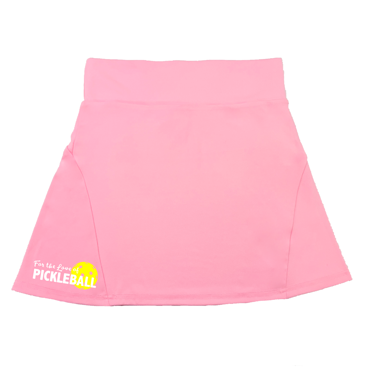 Pickleball Flirty Skort Design:  For The Love of Pickleball   These flirty skorts have a flat mid-rise waistband with a 3 inch waistband.  Light weight without being see through and the material wicks away moisture quickly.  Flirty pleats in the back with inner shorts for free movement and stylish coverage on the courts.  A functional zipper pocket on the back and two built in pockets on the shorts for convenient storage. 