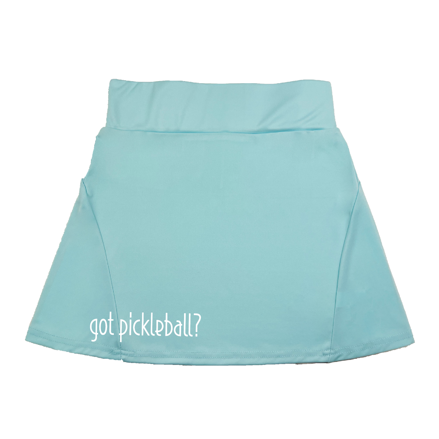 Pickleball Flirty Skort Design:  got pickleball   These flirty skorts have a flat mid-rise waistband with a 3 inch waistband.  Light weight without being see through and the material wicks away moisture quickly.  Flirty pleats in the back with inner shorts for free movement and stylish coverage on the courts.  A functional zipper pocket on the back and two built in pockets on the shorts for convenient storage.