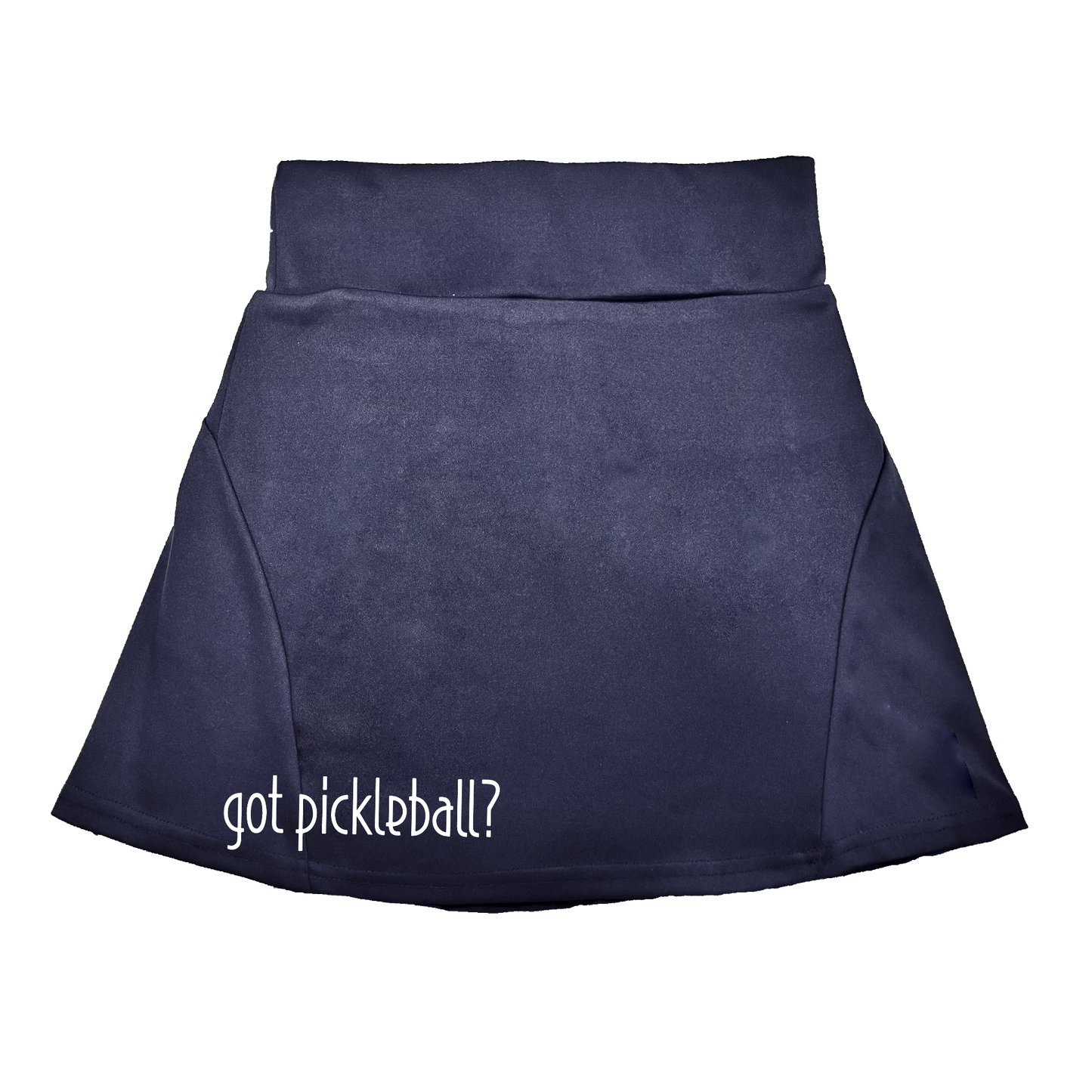 Pickleball Flirty Skort Design:  got pickleball   These flirty skorts have a flat mid-rise waistband with a 3 inch waistband.  Light weight without being see through and the material wicks away moisture quickly.  Flirty pleats in the back with inner shorts for free movement and stylish coverage on the courts.  A functional zipper pocket on the back and two built in pockets on the shorts for convenient storage.