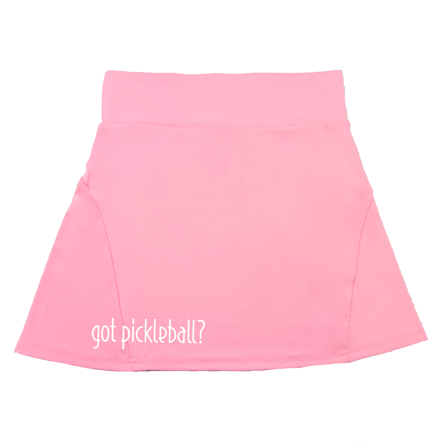Pickleball Flirty Skort Design:  got pickleball   These flirty skorts have a flat mid-rise waistband with a 3 inch waistband.  Light weight without being see through and the material wicks away moisture quickly.  Flirty pleats in the back with inner shorts for free movement and stylish coverage on the courts.  A functional zipper pocket on the back and two built in pockets on the shorts for convenient storage.
