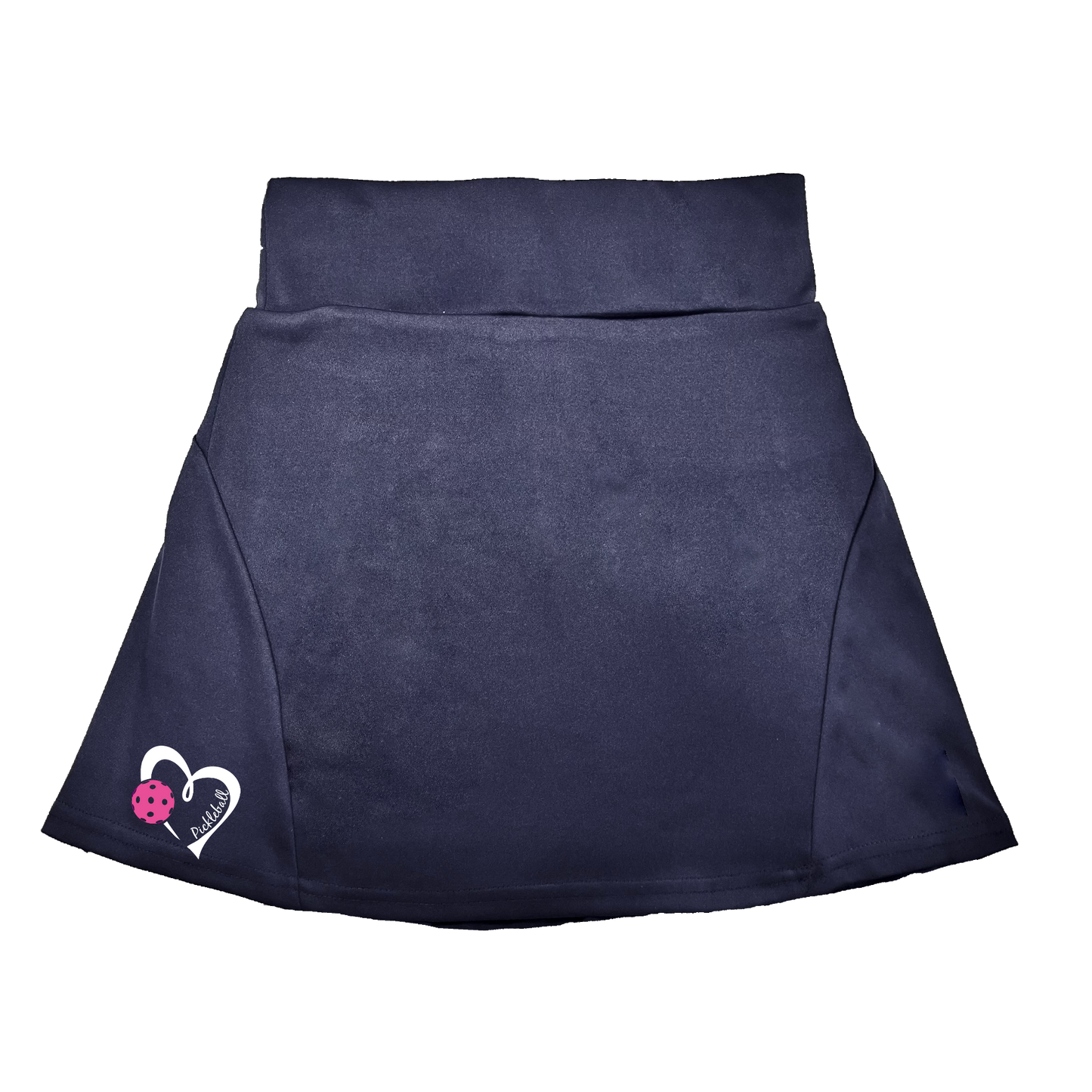 Pickleball Flirty Skort Design:  Pickleball Love with Pink Heart  These flirty skorts have a flat mid-rise waistband with hidden drawstring for a personal fit.  Light weight and not see through material wicks away moisture quickly.  Flirty pleats in the back with inner shorts for free movement and stylish coverage on the courts.  Functional pockets on the back and front and built in shorts for convenient storage.