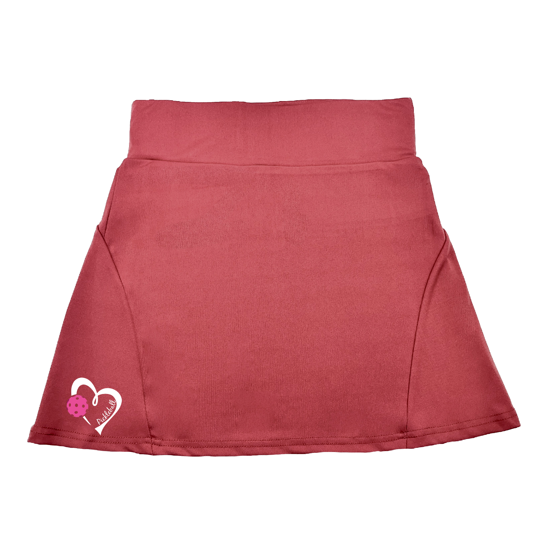 Pickleball Flirty Skort Design:  Pickleball Love with Heart - Pink  These flirty skorts have a flat mid-rise waistband with a 3 inch waistband.  Light weight without being see through and the material wicks away moisture quickly.  Flirty pleats in the back with inner shorts for free movement and stylish coverage on the courts.  A functional zipper pocket on the back and two built in pockets on the shorts for convenient storage. 