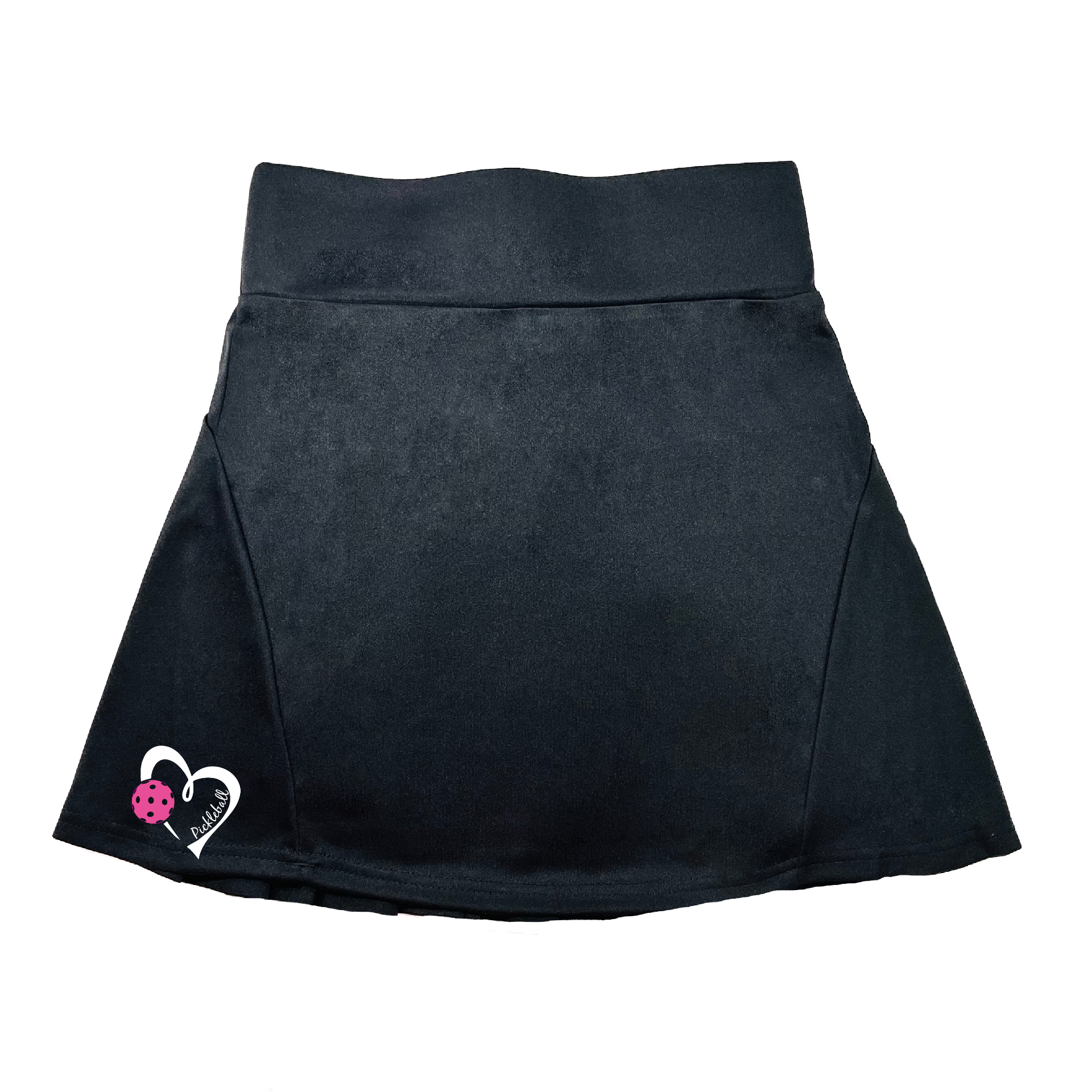 Pickleball Flirty Skort Design:  Pickleball Love with Heart - Pink  These flirty skorts have a flat mid-rise waistband with a 3 inch waistband.  Light weight without being see through and the material wicks away moisture quickly.  Flirty pleats in the back with inner shorts for free movement and stylish coverage on the courts.  A functional zipper pocket on the back and two built in pockets on the shorts for convenient storage. 