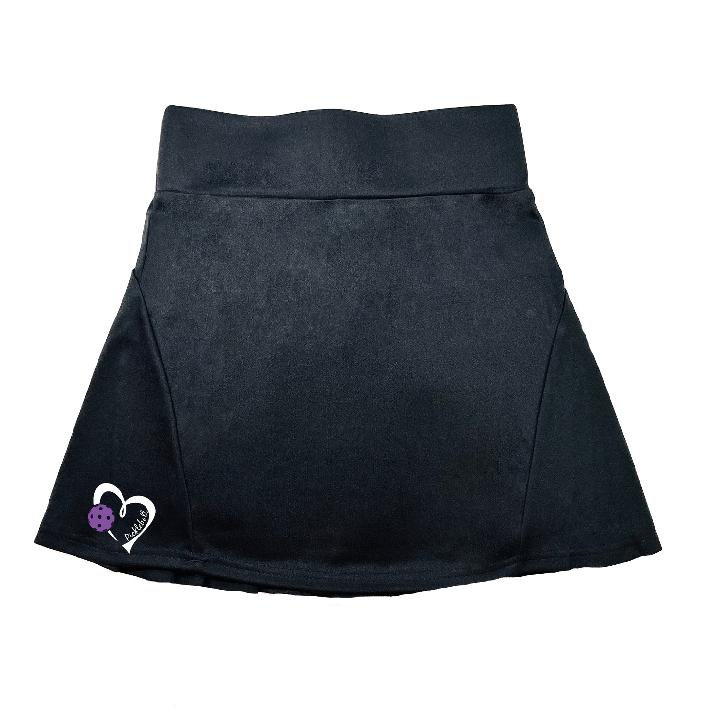 Pickleball Flirty Skort Design:  Pickleball Love with Heart - Purple  These flirty skorts have a flat mid-rise waistband with a 3 inch waistband.  Light weight without being see through and the material wicks away moisture quickly.  Flirty pleats in the back with inner shorts for free movement and stylish coverage on the courts.  A functional zipper pocket on the back and two built in pockets on the shorts for convenient storage. 