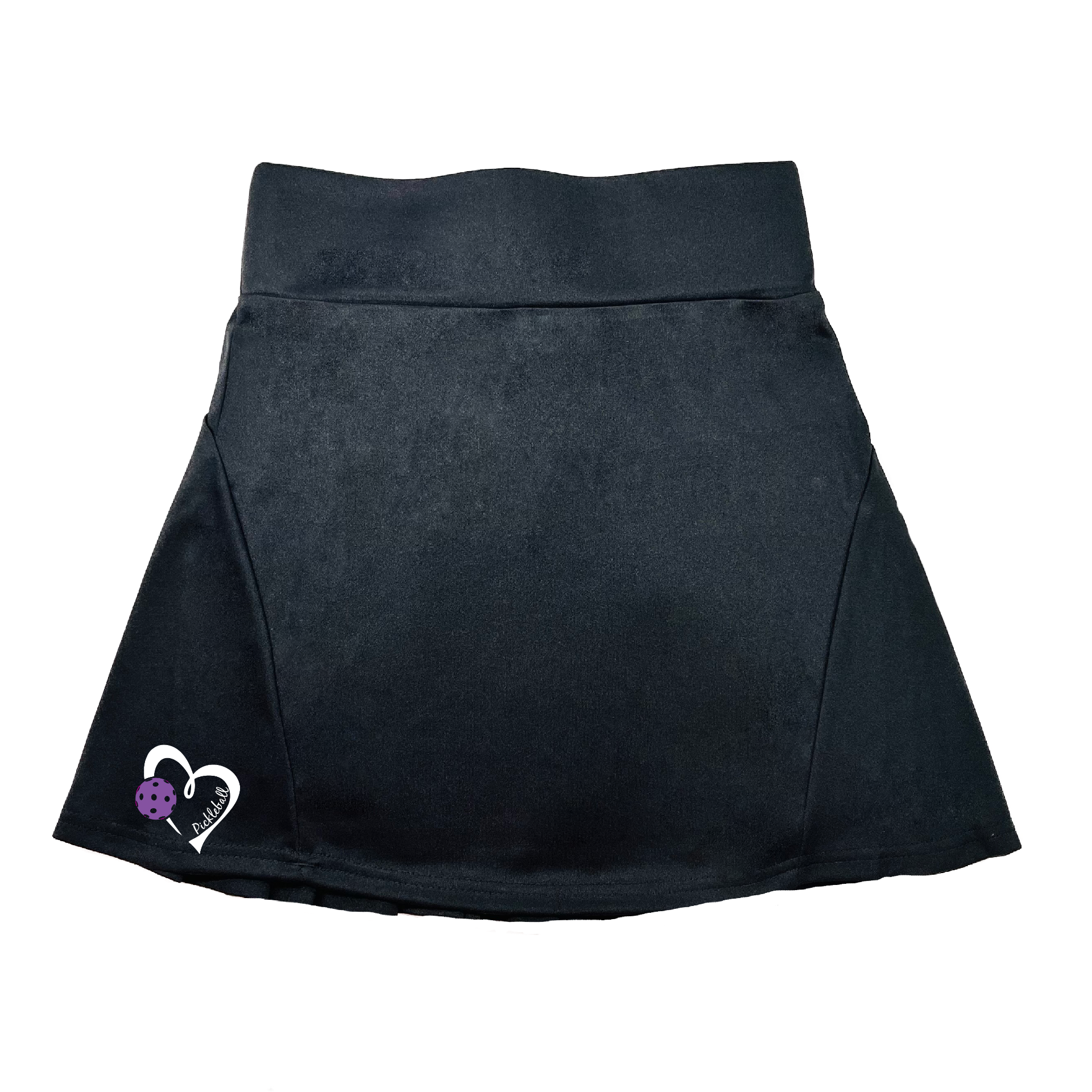 Pickleball Flirty Skort Design:  Pickleball Love with Heart - Purple  These flirty skorts have a flat mid-rise waistband with a 3 inch waistband.  Light weight without being see through and the material wicks away moisture quickly.  Flirty pleats in the back with inner shorts for free movement and stylish coverage on the courts.  A functional zipper pocket on the back and two built in pockets on the shorts for convenient storage. 