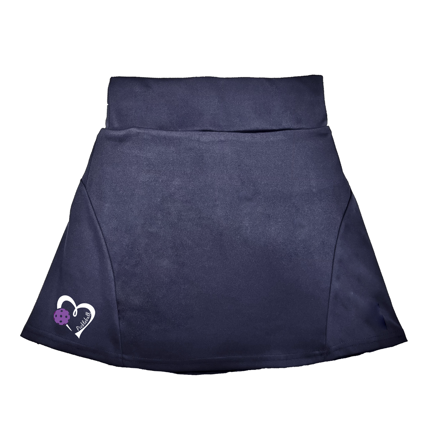 Pickleball Flirty Skort Design:  Pickleball Love with Heart - Purple  These flirty skorts have a flat mid-rise waistband with a 3 inch waistband.  Light weight without being see through and the material wicks away moisture quickly.  Flirty pleats in the back with inner shorts for free movement and stylish coverage on the courts.  A functional zipper pocket on the back and two built in pockets on the shorts for convenient storage. 