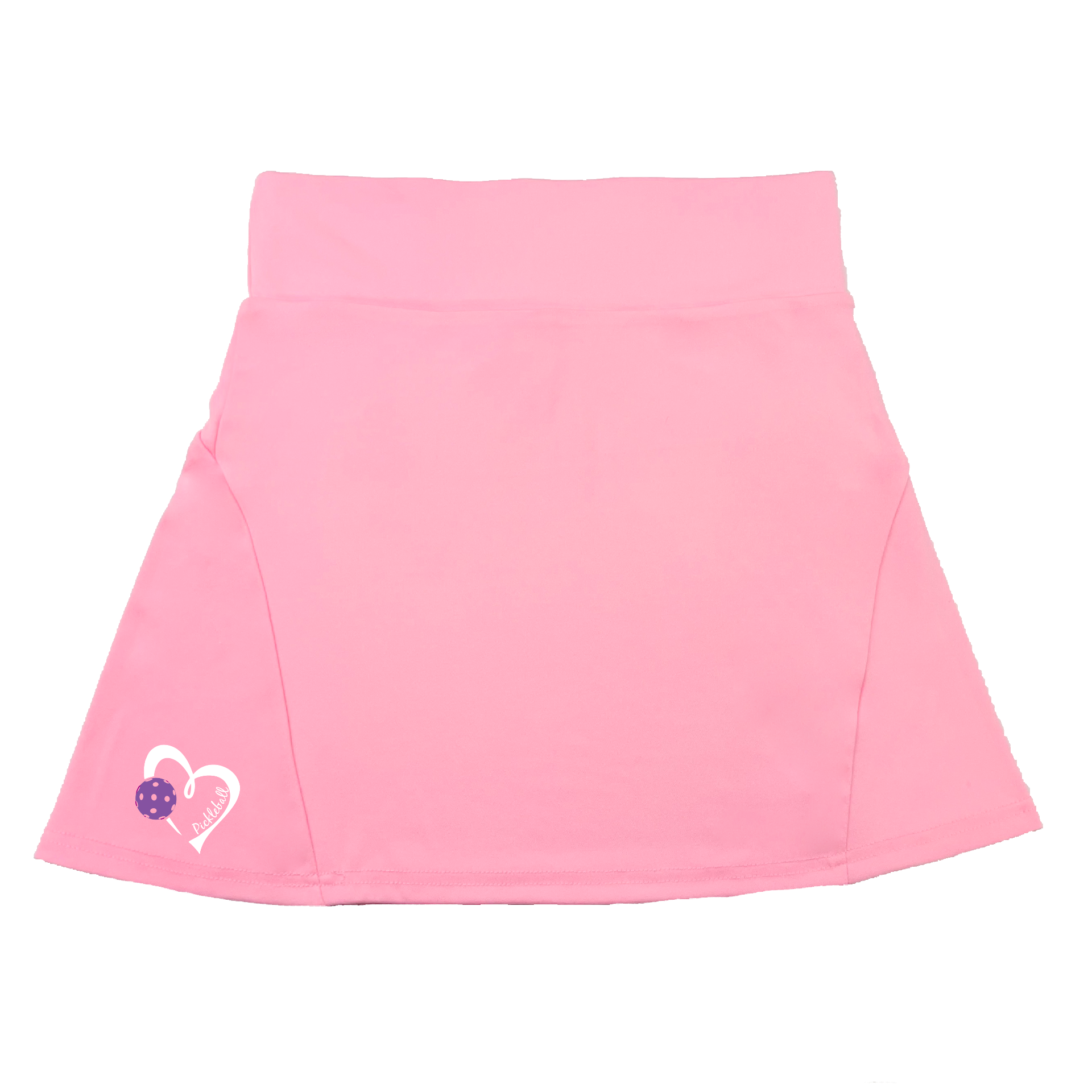 Pickleball Flirty Skort Design:  Pickleball Love with Heart - Purple  These flirty skorts have a flat mid-rise waistband with a 3 inch waistband.  Light weight without being see through and the material wicks away moisture quickly.  Flirty pleats in the back with inner shorts for free movement and stylish coverage on the courts.  A functional zipper pocket on the back and two built in pockets on the shorts for convenient storage. 