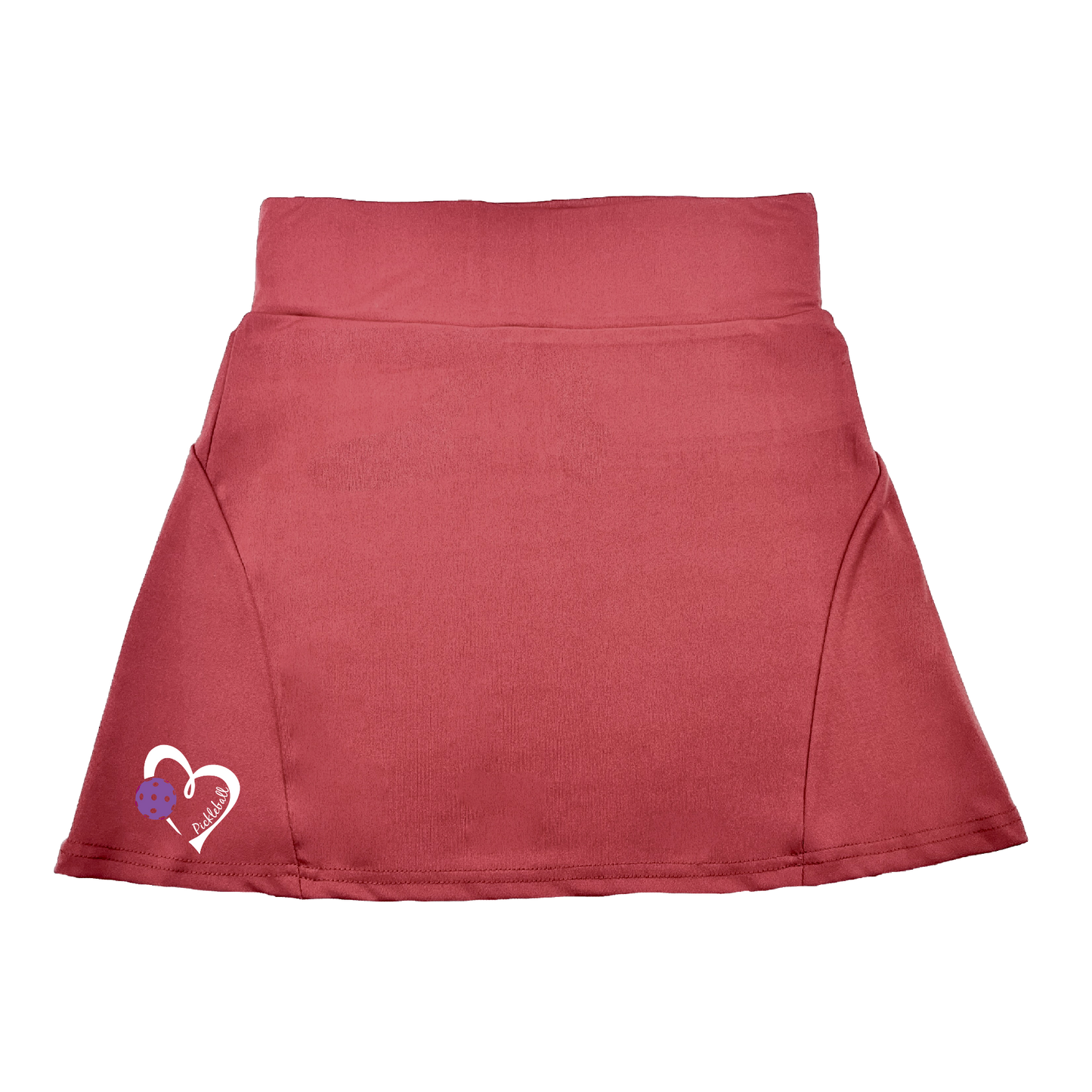 Pickleball Flirty Skort Design:  Pickleball Love with Heart - Purple  These flirty skorts have a flat mid-rise waistband with a 3 inch waistband.  Light weight without being see through and the material wicks away moisture quickly.  Flirty pleats in the back with inner shorts for free movement and stylish coverage on the courts.  A functional zipper pocket on the back and two built in pockets on the shorts for convenient storage. 