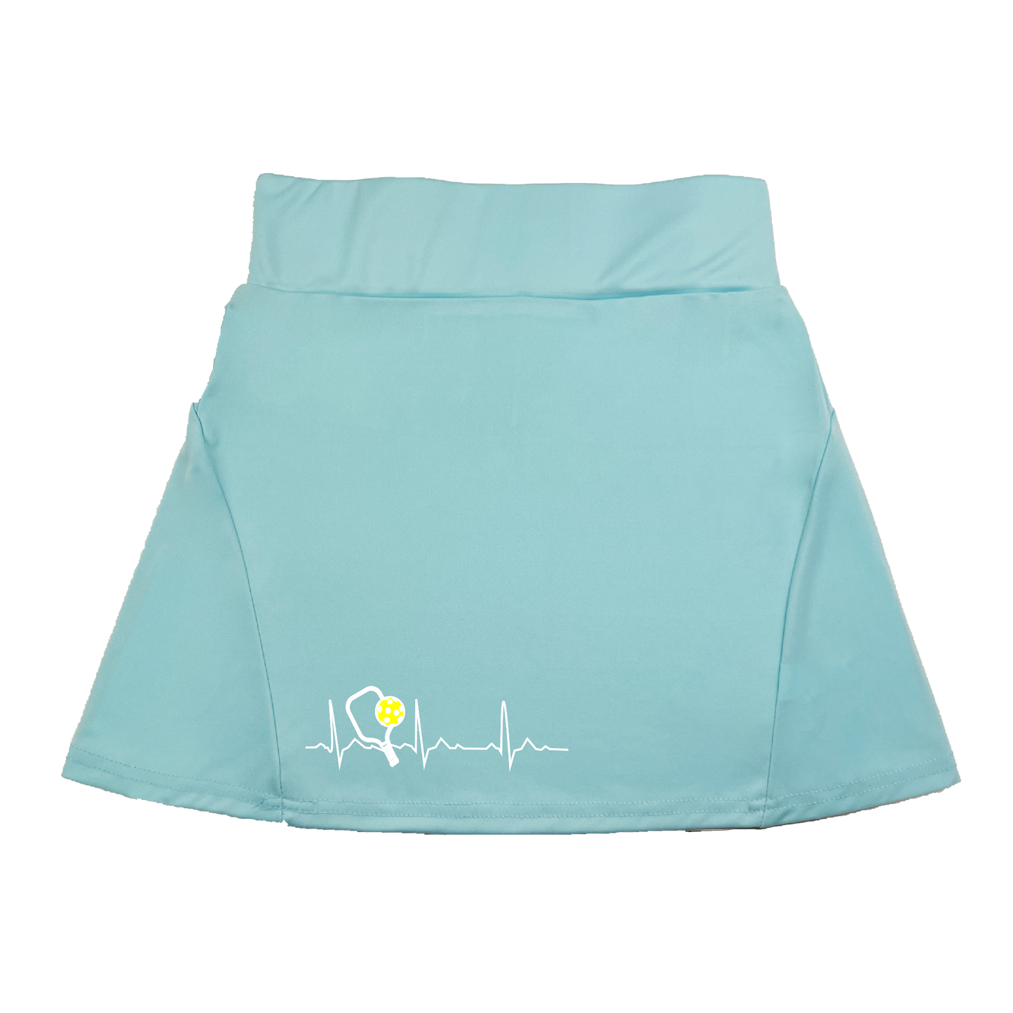 Pickleball Flirty Skort Design:  Pickleball Heartbeat  These flirty skorts have a flat mid-rise waistband with a 3 inch waistband.  Light weight without being see through and the material wicks away moisture quickly.  Flirty pleats in the back with inner shorts for free movement and stylish coverage on the courts.  A functional zipper pocket on the back and two built in pockets on the shorts for convenient storage. 