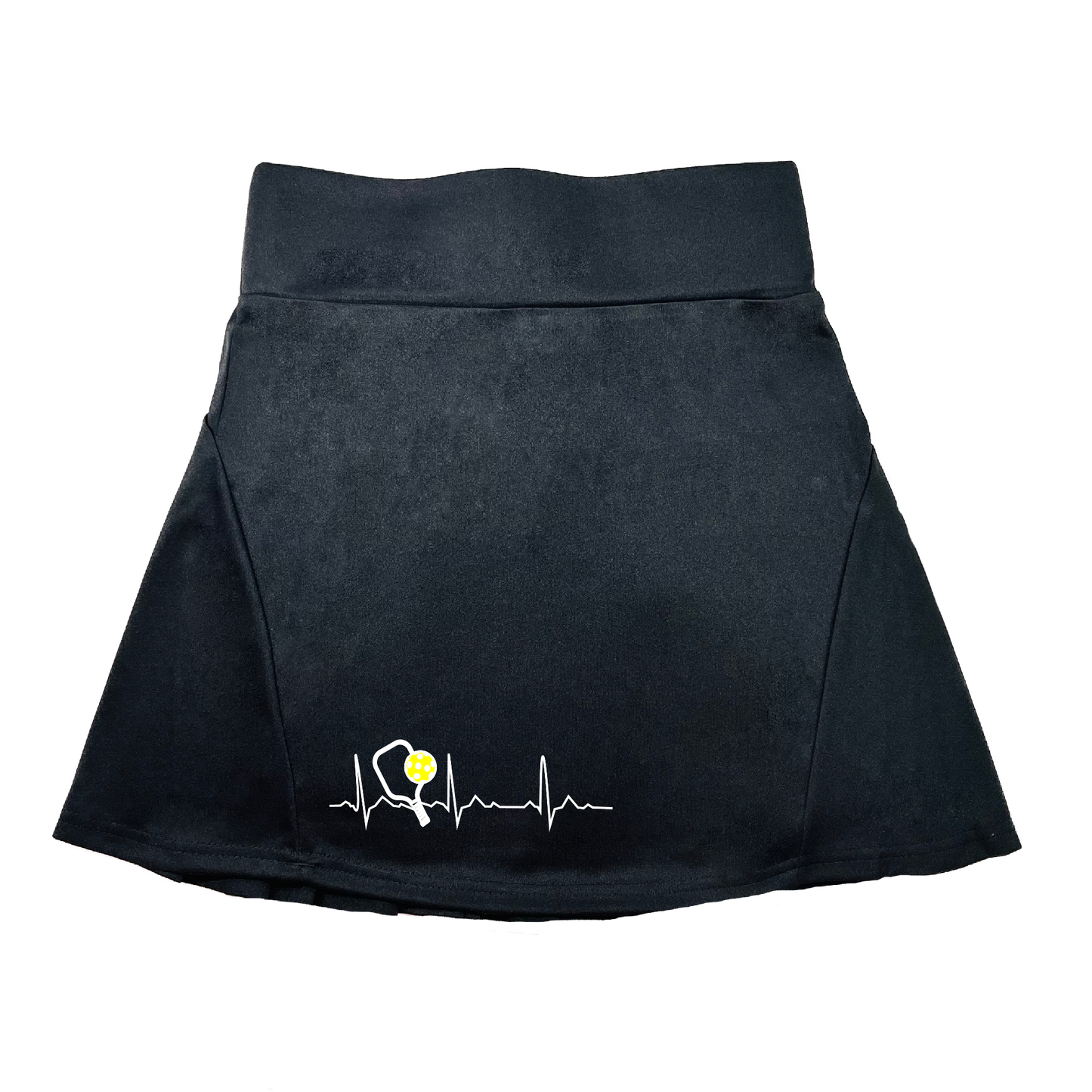 Pickleball Flirty Skort Design:  Pickleball Heartbeat  These flirty skorts have a flat mid-rise waistband with a 3 inch waistband.  Light weight without being see through and the material wicks away moisture quickly.  Flirty pleats in the back with inner shorts for free movement and stylish coverage on the courts.  A functional zipper pocket on the back and two built in pockets on the shorts for convenient storage. 