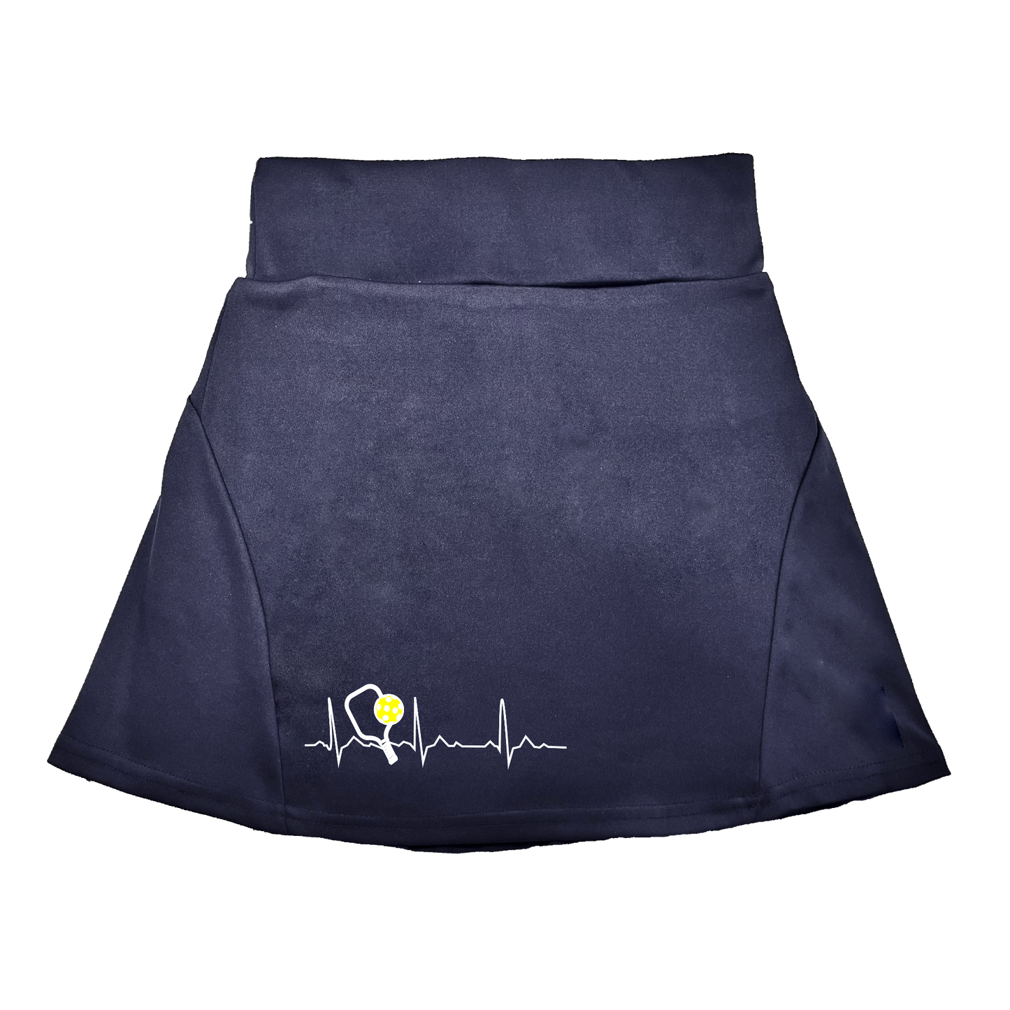 Pickleball Flirty Skort Design:  Pickleball Heartbeat  These flirty skorts have a flat mid-rise waistband with a 3 inch waistband.  Light weight without being see through and the material wicks away moisture quickly.  Flirty pleats in the back with inner shorts for free movement and stylish coverage on the courts.  A functional zipper pocket on the back and two built in pockets on the shorts for convenient storage. 