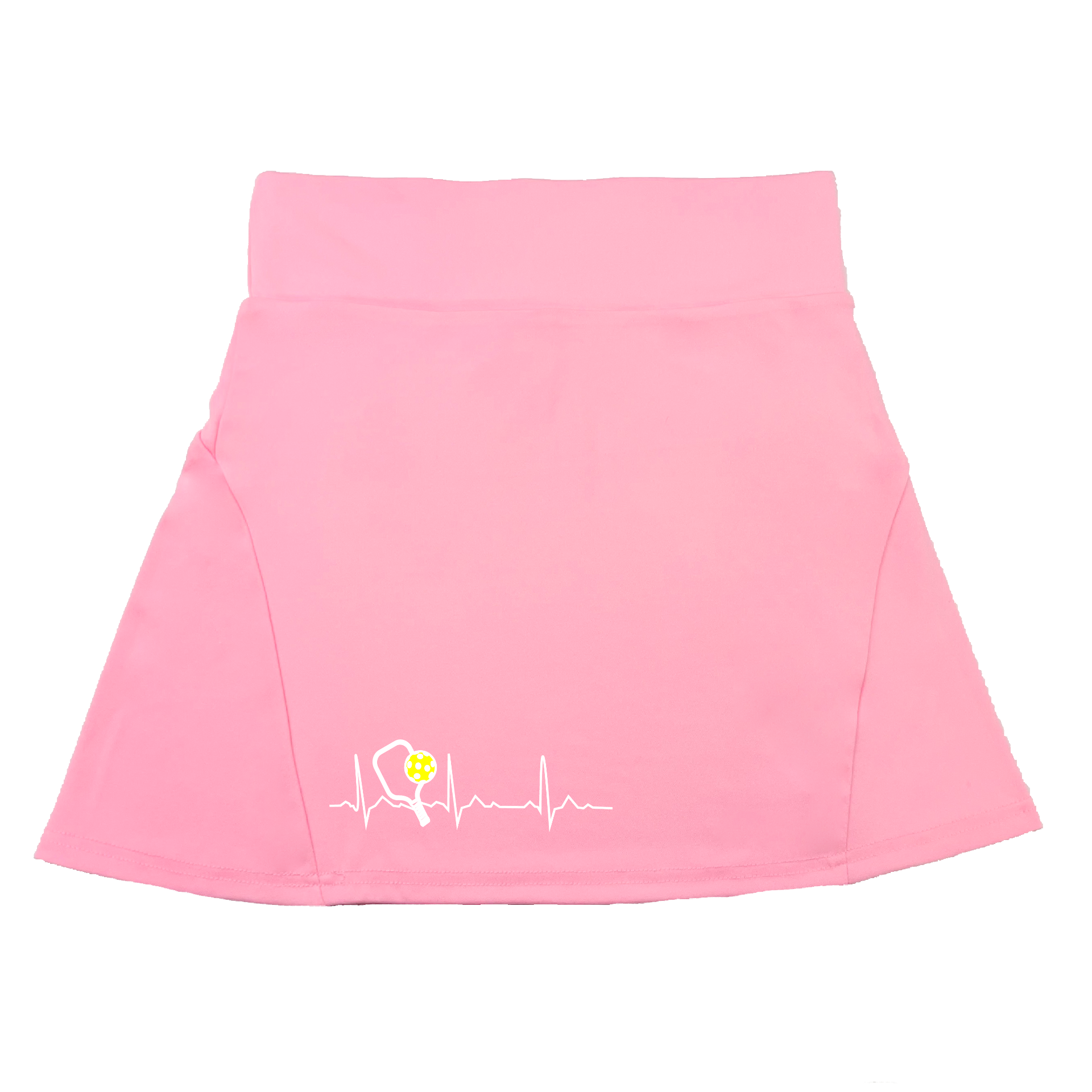 Pickleball Flirty Skort Design:  Pickleball Heartbeat  These flirty skorts have a flat mid-rise waistband with a 3 inch waistband.  Light weight without being see through and the material wicks away moisture quickly.  Flirty pleats in the back with inner shorts for free movement and stylish coverage on the courts.  A functional zipper pocket on the back and two built in pockets on the shorts for convenient storage. 