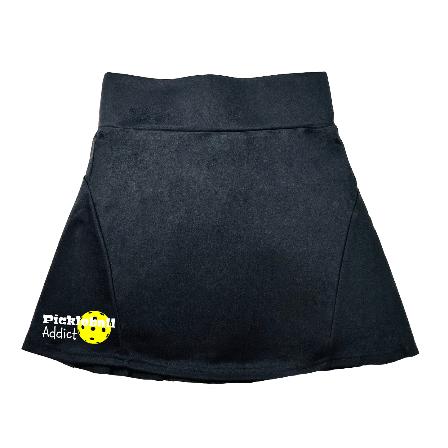 Pickleball Flirty Skort Design:  Pickleball Addict  These flirty skorts have a flat mid-rise waistband with a 3 inch waistband.  Light weight without being see through and the material wicks away moisture quickly.  Flirty pleats in the back with inner shorts for free movement and stylish coverage on the courts.  A functional zipper pocket on the back and two built in pockets on the shorts for convenient storage.