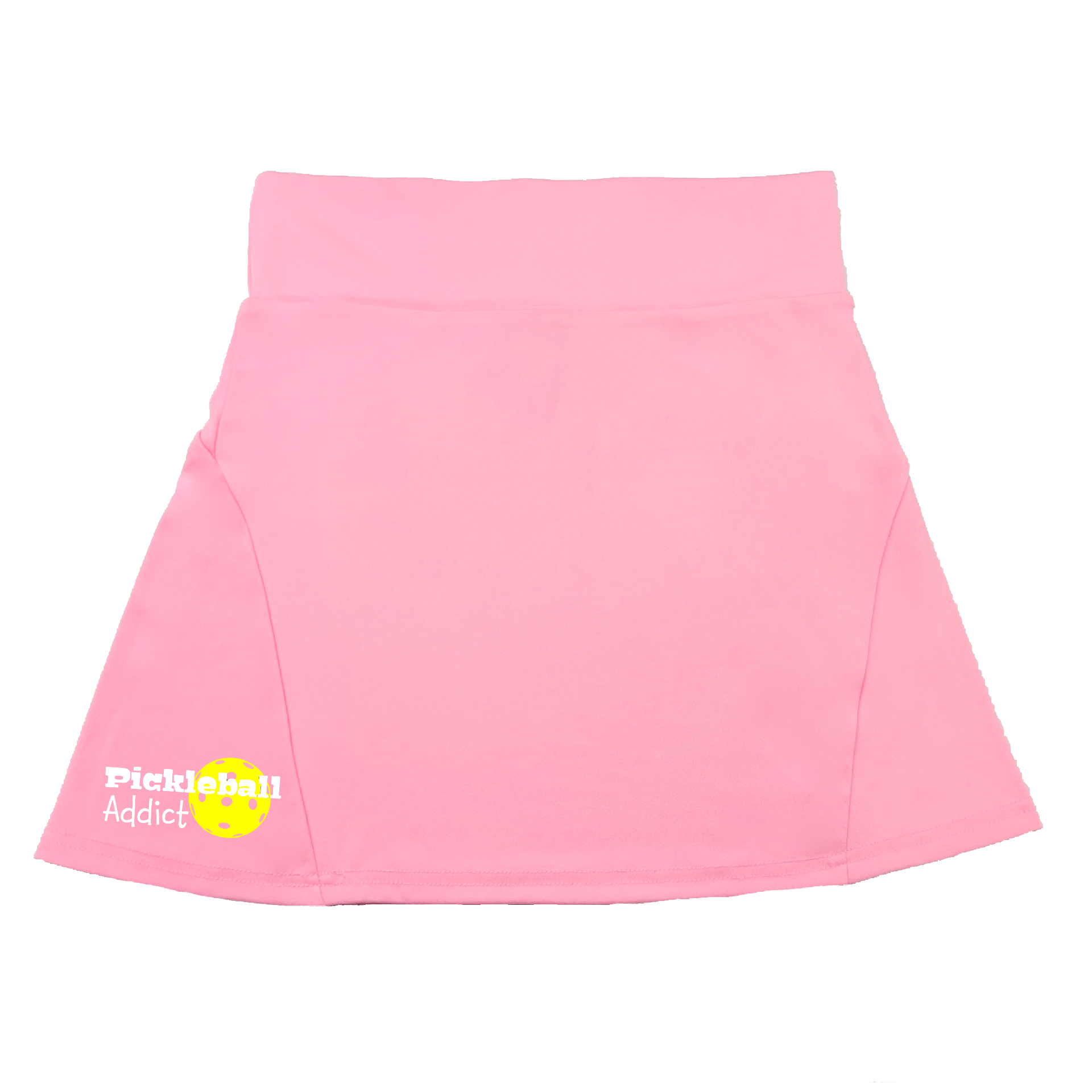 Pickleball Flirty Skort Design:  Pickleball Addict  These flirty skorts have a flat mid-rise waistband with a 3 inch waistband.  Light weight without being see through and the material wicks away moisture quickly.  Flirty pleats in the back with inner shorts for free movement and stylish coverage on the courts.  A functional zipper pocket on the back and two built in pockets on the shorts for convenient storage.