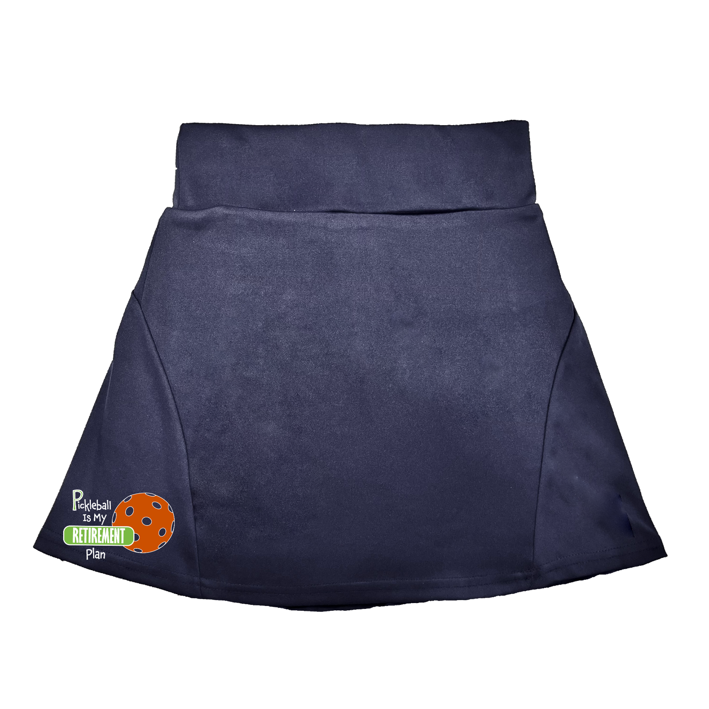 Pickleball Flirty Skort Design:  Pickleball is my Retirement Plan  These flirty skorts have a flat mid-rise waistband with a 3 inch waistband.  Light weight without being see through and the material wicks away moisture quickly.  Flirty pleats in the back with inner shorts for free movement and stylish coverage on the courts.  A functional zipper pocket on the back and two built in pockets on the shorts for convenient storage. 