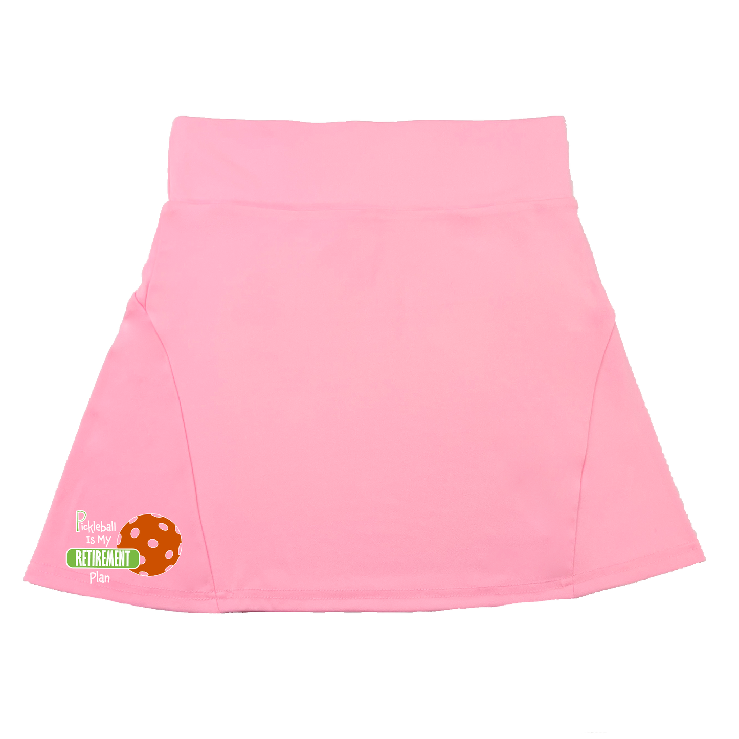 Pickleball Flirty Skort Design:  Pickleball is my Retirement Plan  These flirty skorts have a flat mid-rise waistband with a 3 inch waistband.  Light weight without being see through and the material wicks away moisture quickly.  Flirty pleats in the back with inner shorts for free movement and stylish coverage on the courts.  A functional zipper pocket on the back and two built in pockets on the shorts for convenient storage. 