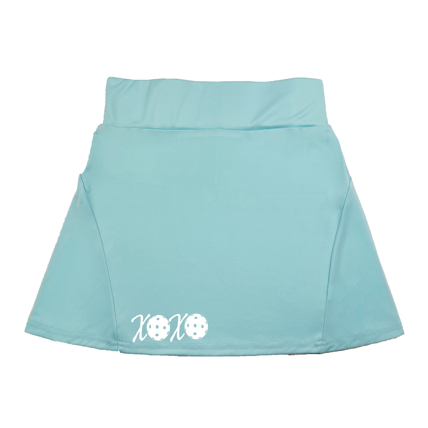 Pickleball Flirty Skort Design: XOXO  These flirty skorts have a flat mid-rise waistband with a 3 inch waistband.  Light weight without being see through and the material wicks away moisture quickly.  Flirty pleats in the back with inner shorts for free movement and stylish coverage on the courts.  A functional zipper pocket on the back and two built in pockets on the shorts for convenient storage. 