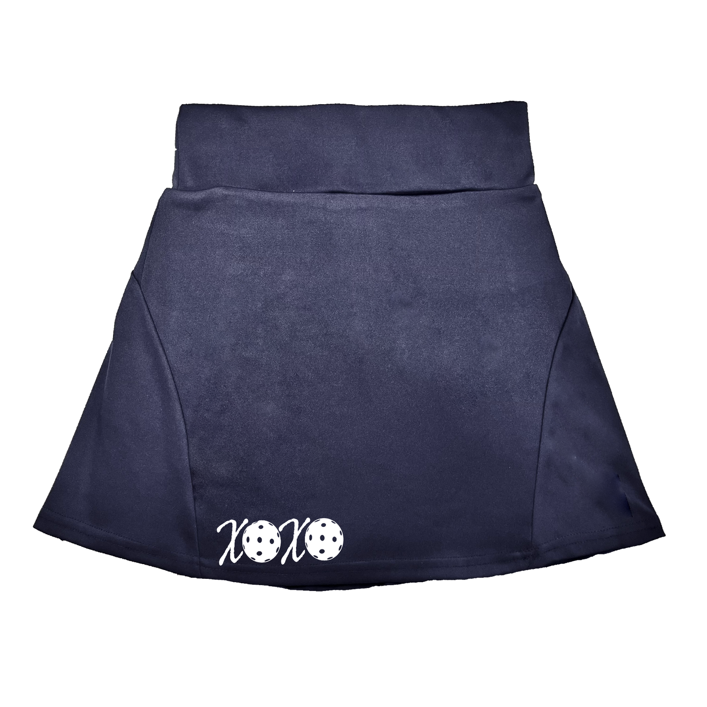 Pickleball Flirty Skort Design: XOXO  These flirty skorts have a flat mid-rise waistband with a 3 inch waistband.  Light weight without being see through and the material wicks away moisture quickly.  Flirty pleats in the back with inner shorts for free movement and stylish coverage on the courts.  A functional zipper pocket on the back and two built in pockets on the shorts for convenient stora