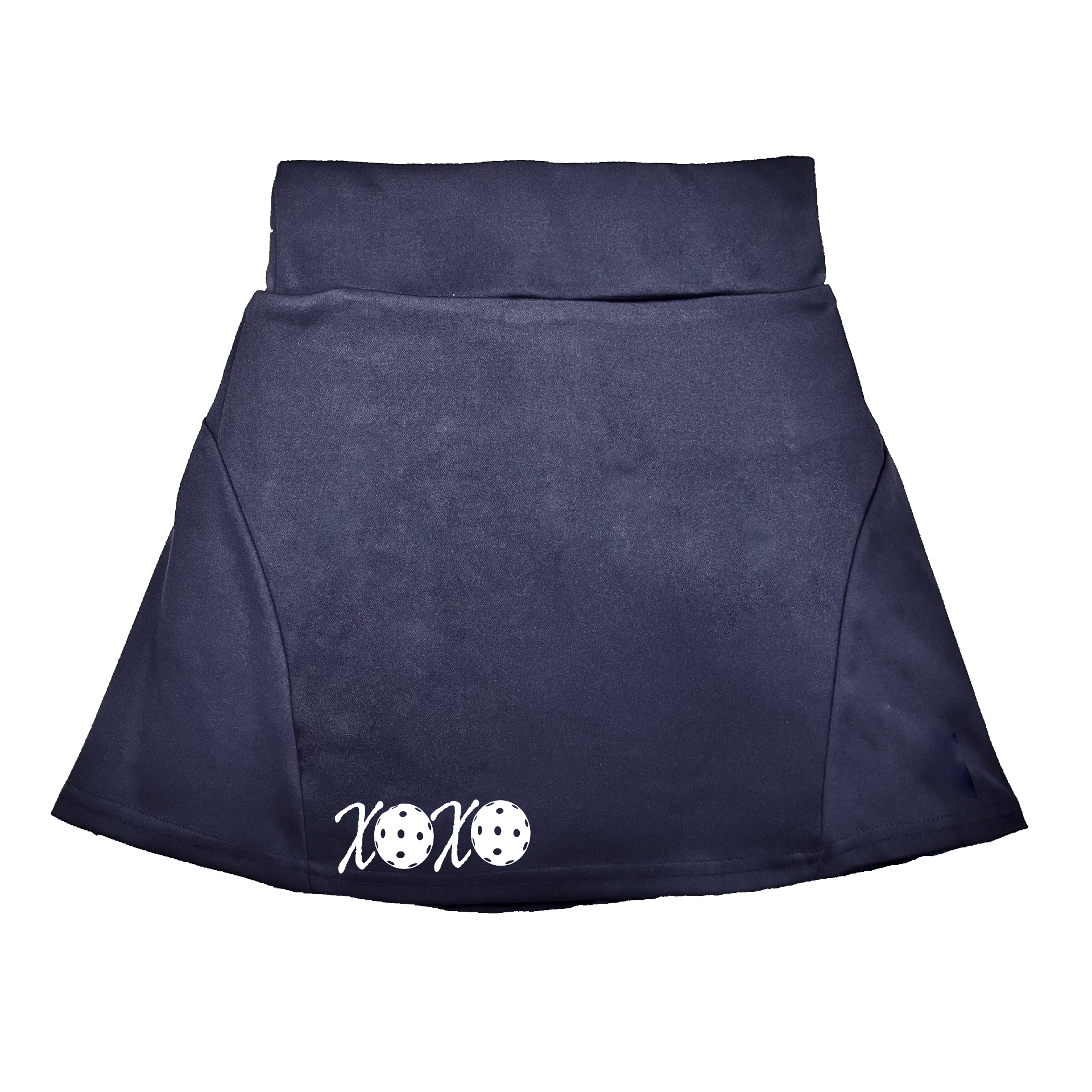 Pickleball Flirty Skort Design: XOXO  These flirty skorts have a flat mid-rise waistband with a 3 inch waistband.  Light weight without being see through and the material wicks away moisture quickly.  Flirty pleats in the back with inner shorts for free movement and stylish coverage on the courts.  A functional zipper pocket on the back and two built in pockets on the shorts for convenient stora