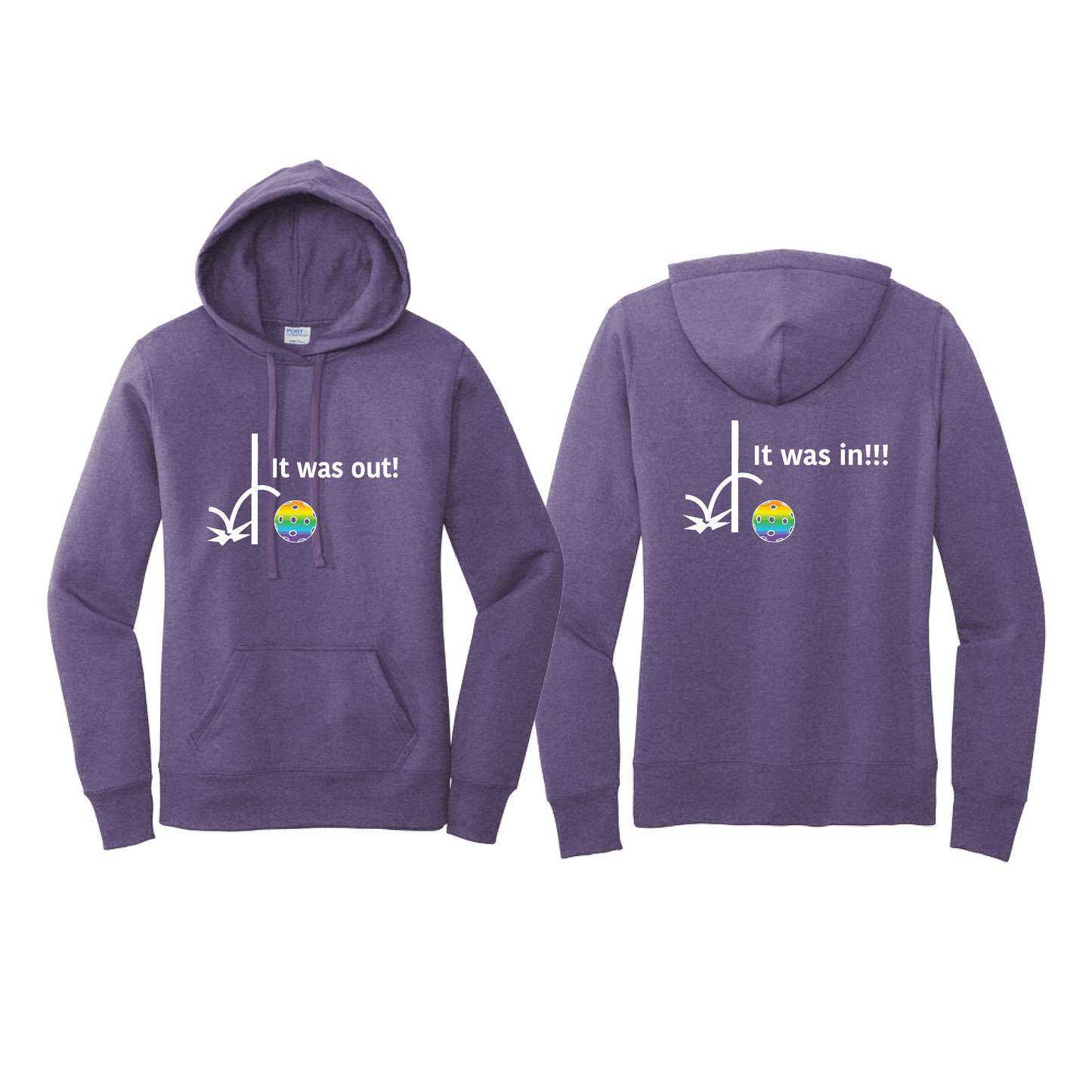 It Was Out! It Was In! (Pickleballs Pink Purple Rainbow) | Women’s Fitted Hoodie Pickleball Sweatshirt | 50% Cotton 50% Poly Fleece