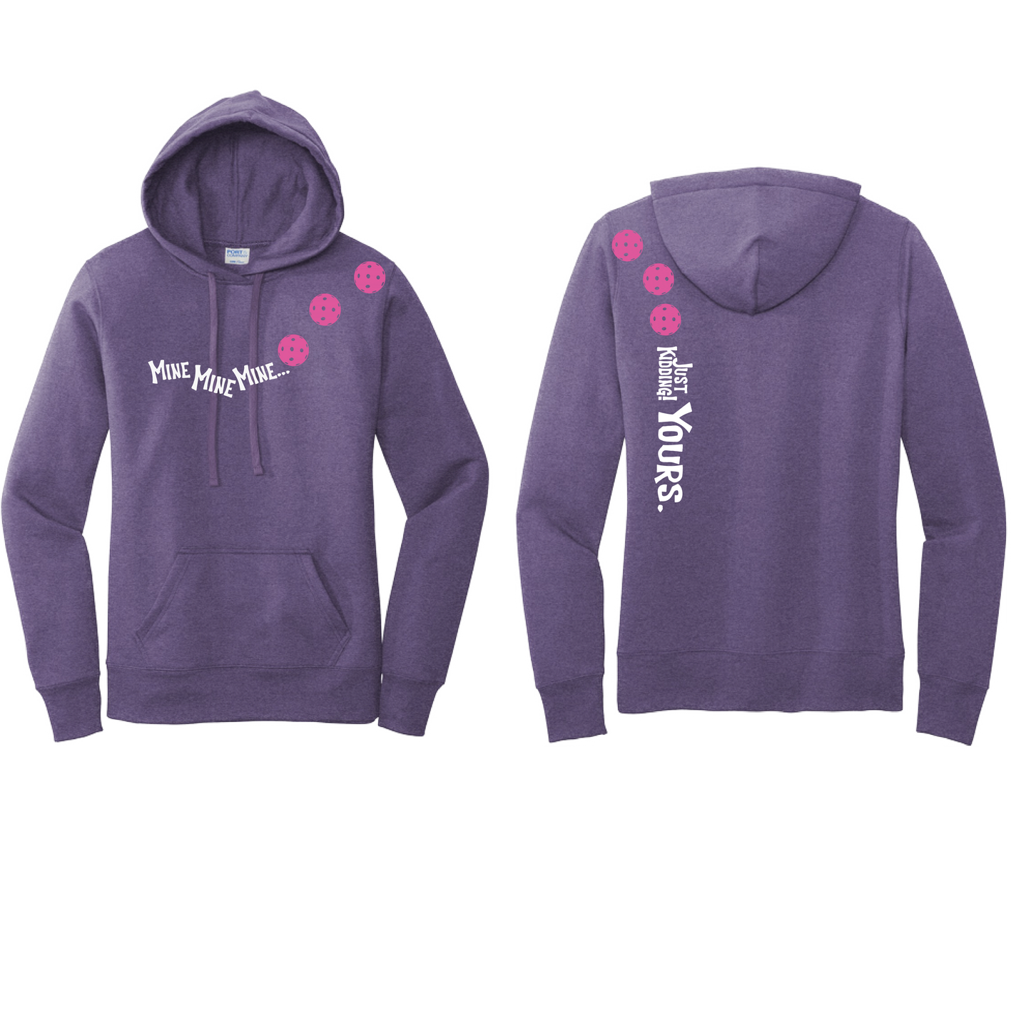 Mine JK Yours (Pickleballs Pink Purple Rainbow) | Women’s Fitted Hoodie Pickleball Sweatshirt | 50% Cotton 50% Poly Fleece