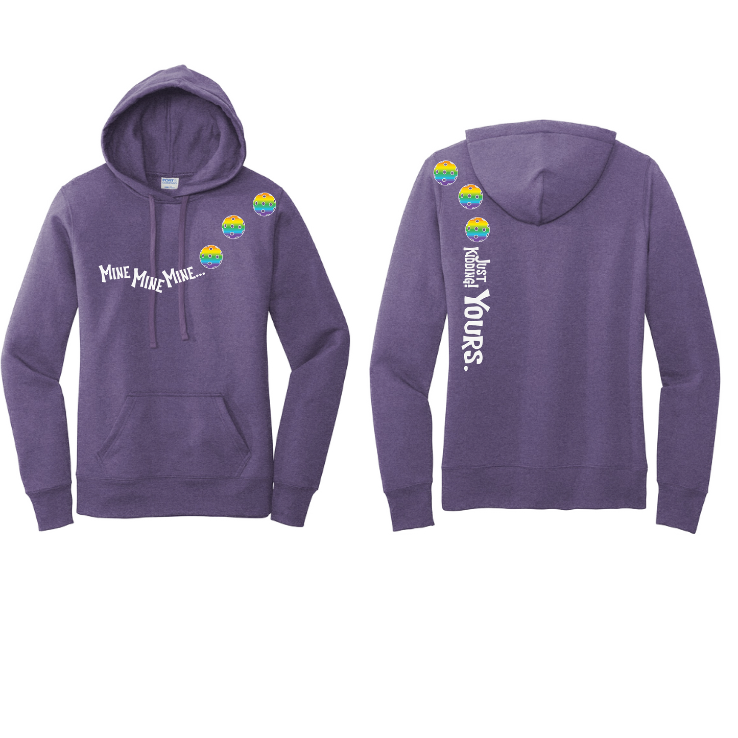 Mine JK Yours (Pickleballs Pink Purple Rainbow) | Women’s Fitted Hoodie Pickleball Sweatshirt | 50% Cotton 50% Poly Fleece