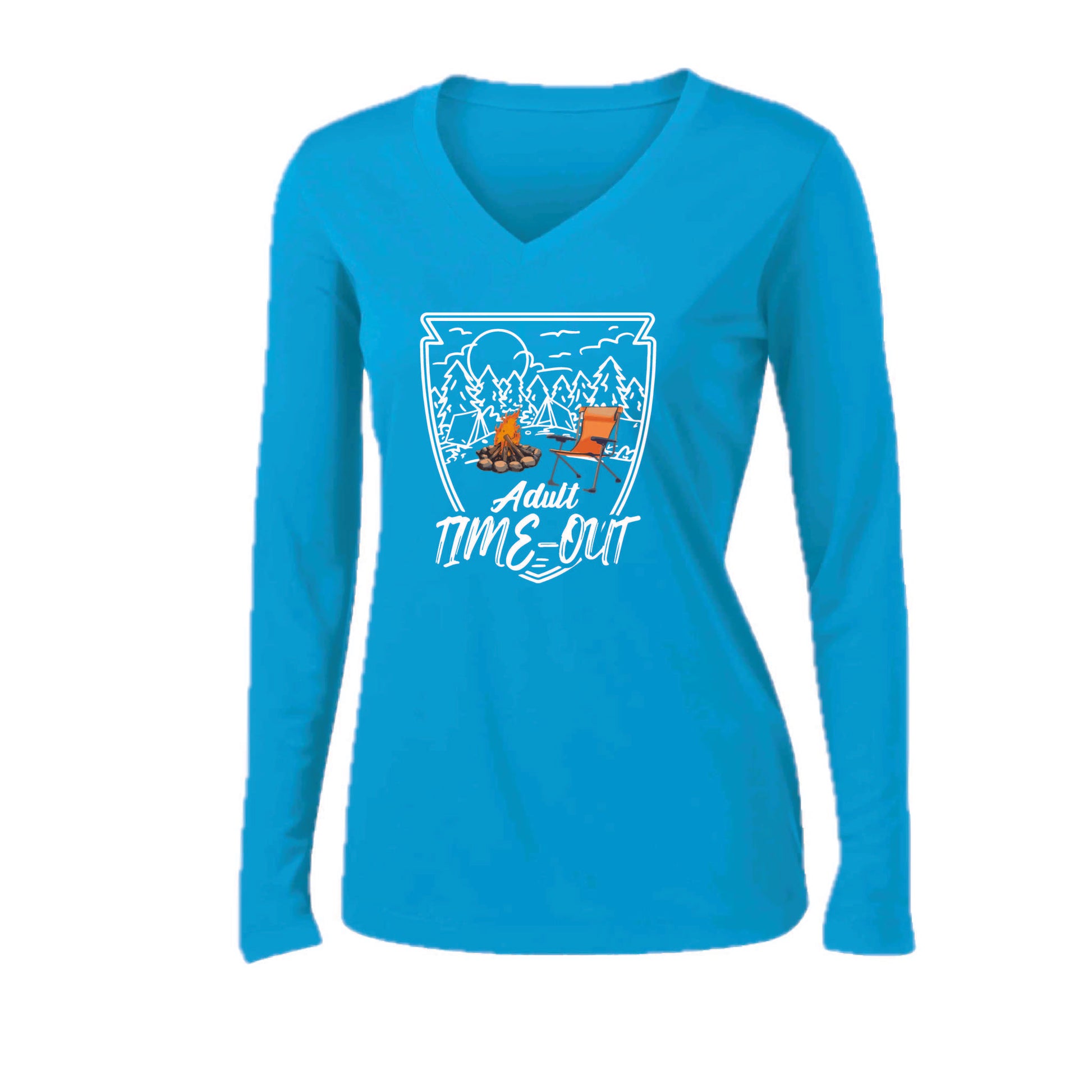 Adult Time Out | Women’s Long Sleeve V-Neck Camping T-Shirt | 100% Polyester