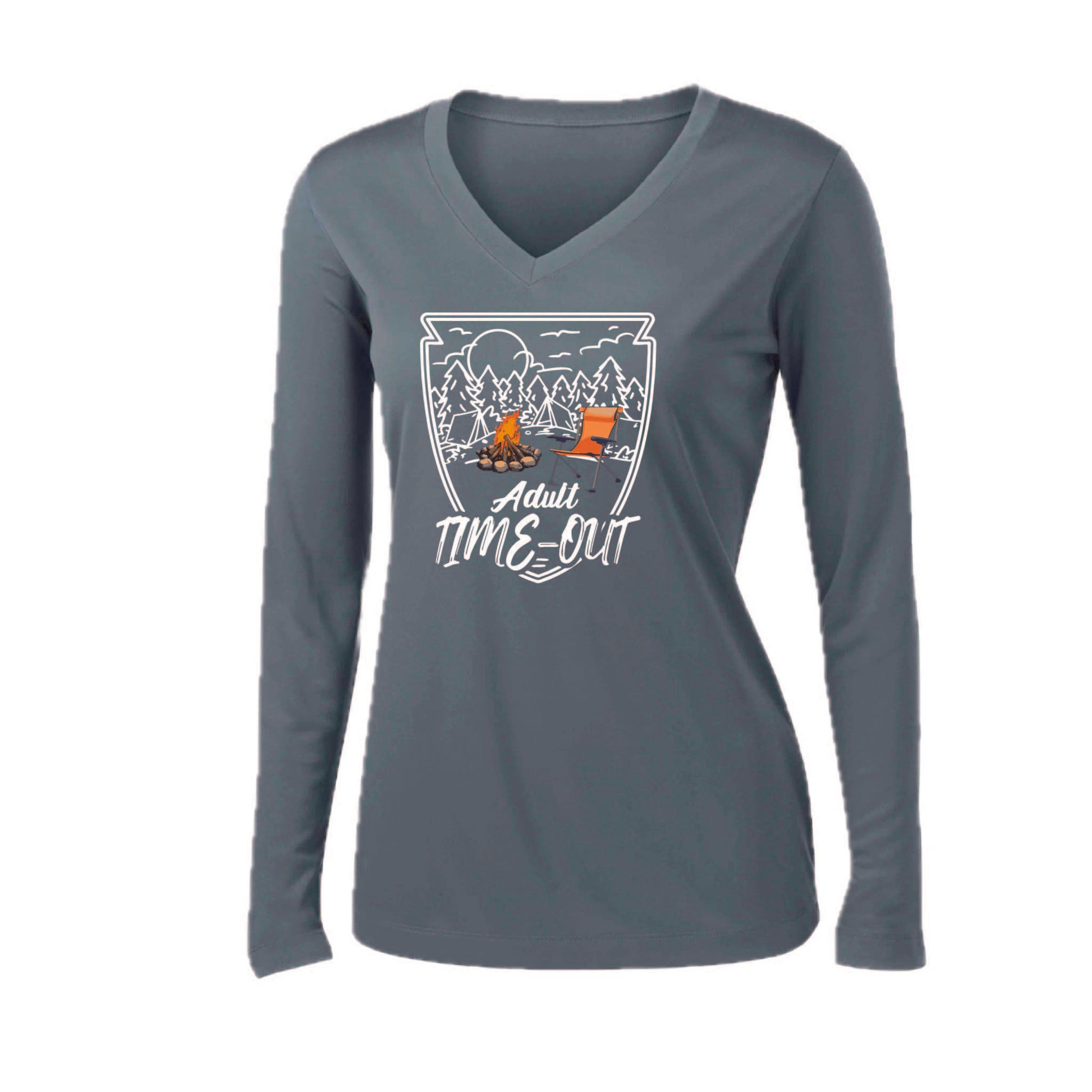 Adult Time Out | Women’s Long Sleeve V-Neck Camping T-Shirt | 100% Polyester