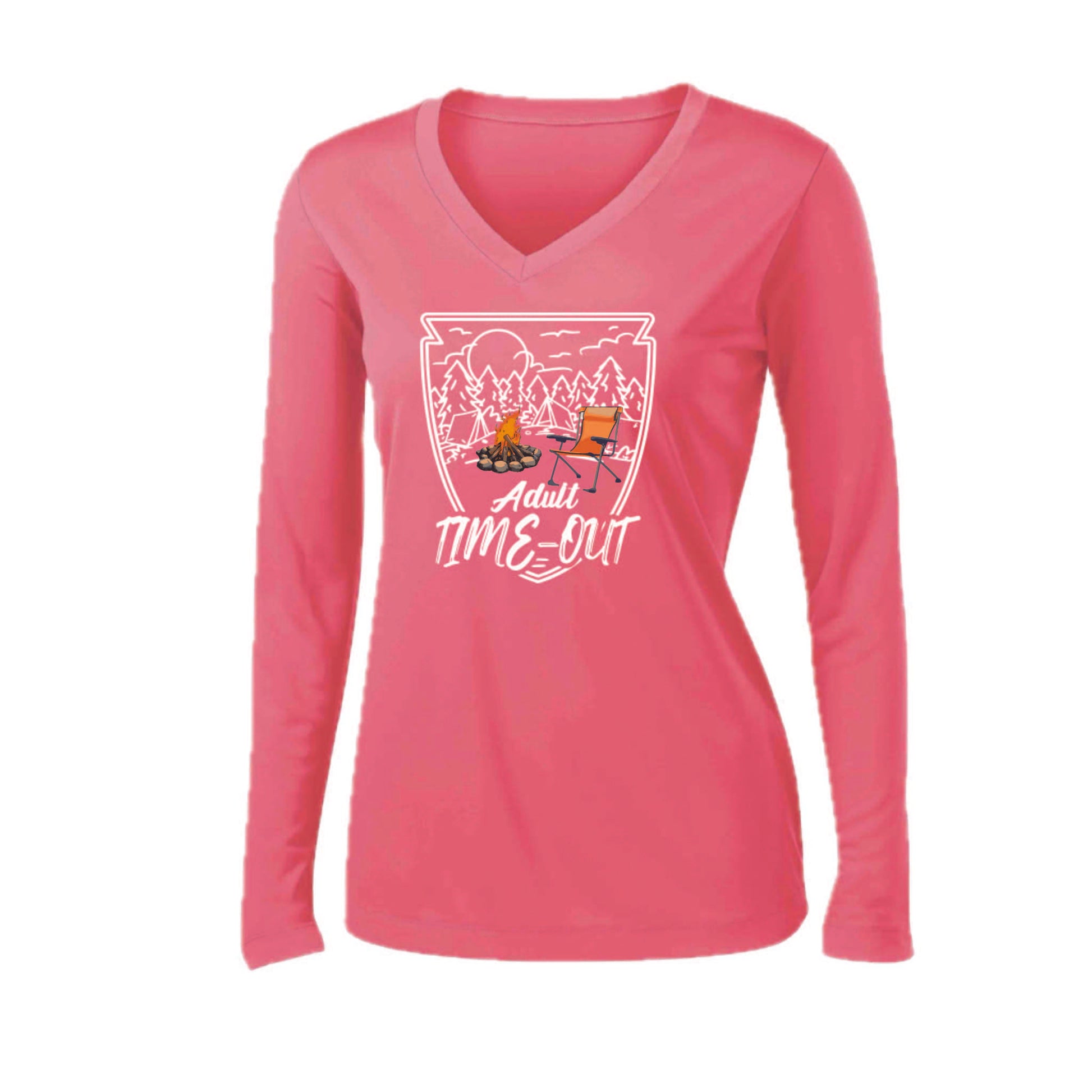 Adult Time Out | Women’s Long Sleeve V-Neck Camping T-Shirt | 100% Polyester