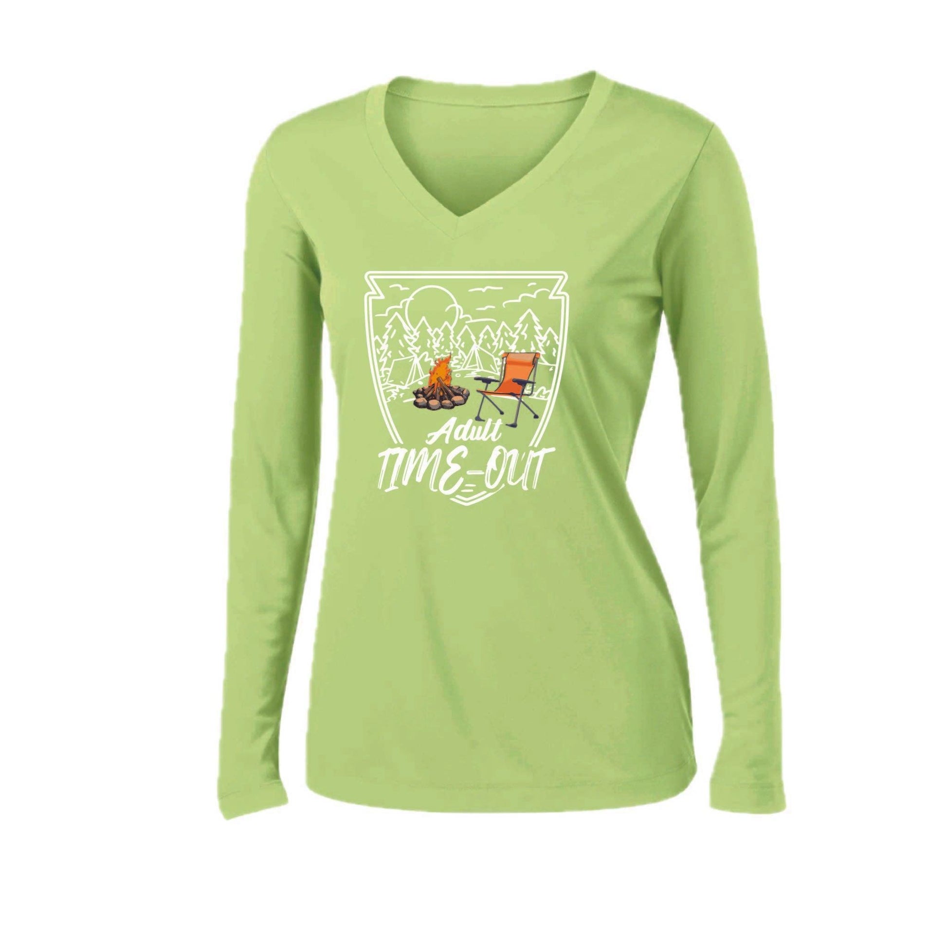Adult Time Out | Women’s Long Sleeve V-Neck Camping T-Shirt | 100% Polyester