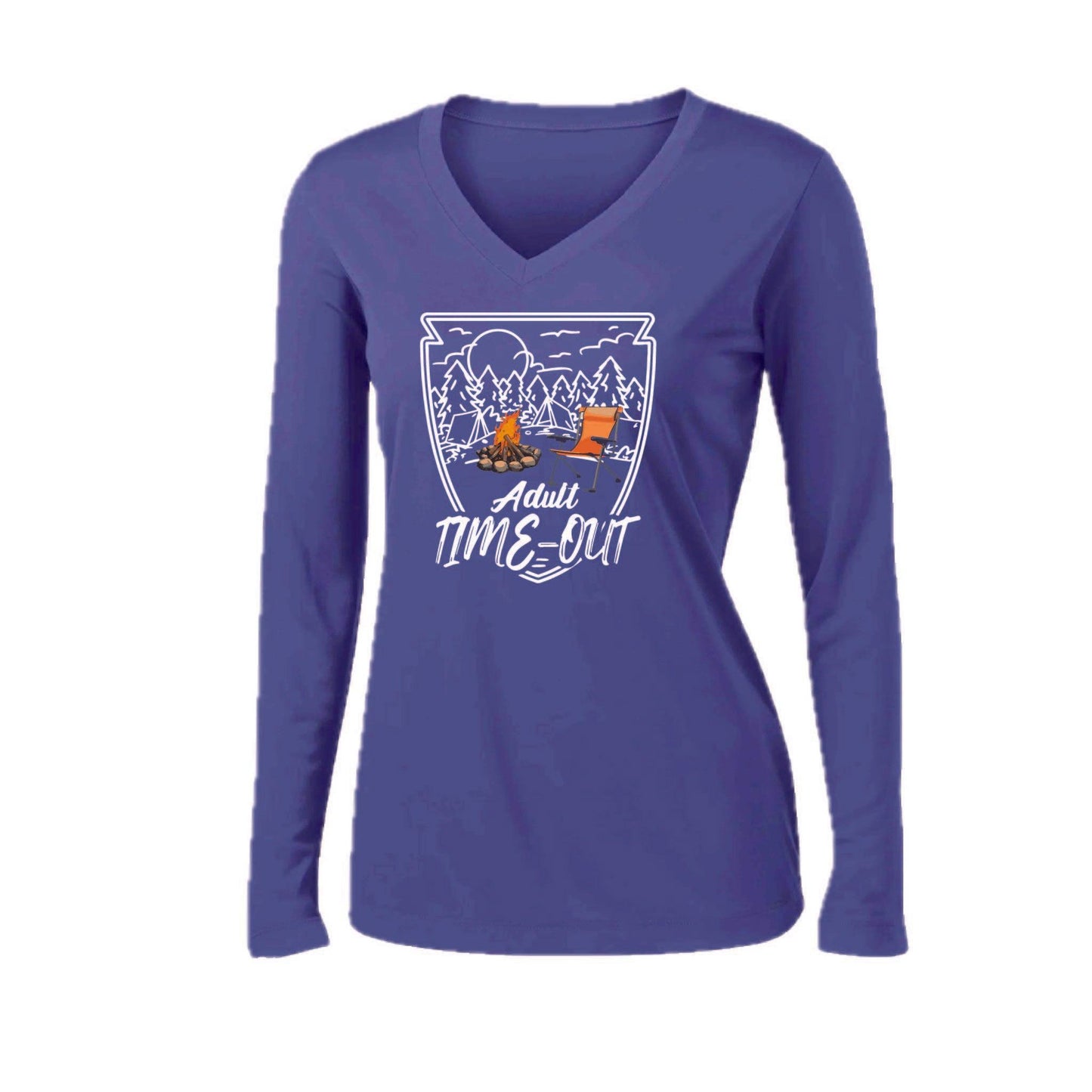 Adult Time Out | Women’s Long Sleeve V-Neck Camping T-Shirt | 100% Polyester