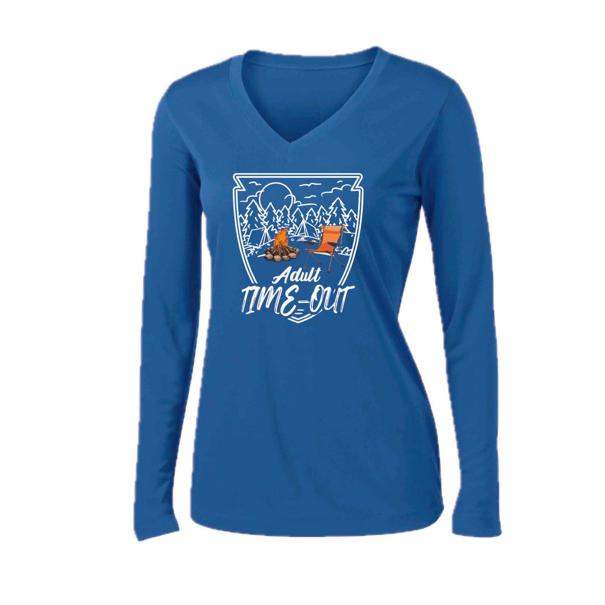 Adult Time Out | Women’s Long Sleeve V-Neck Camping T-Shirt | 100% Polyester