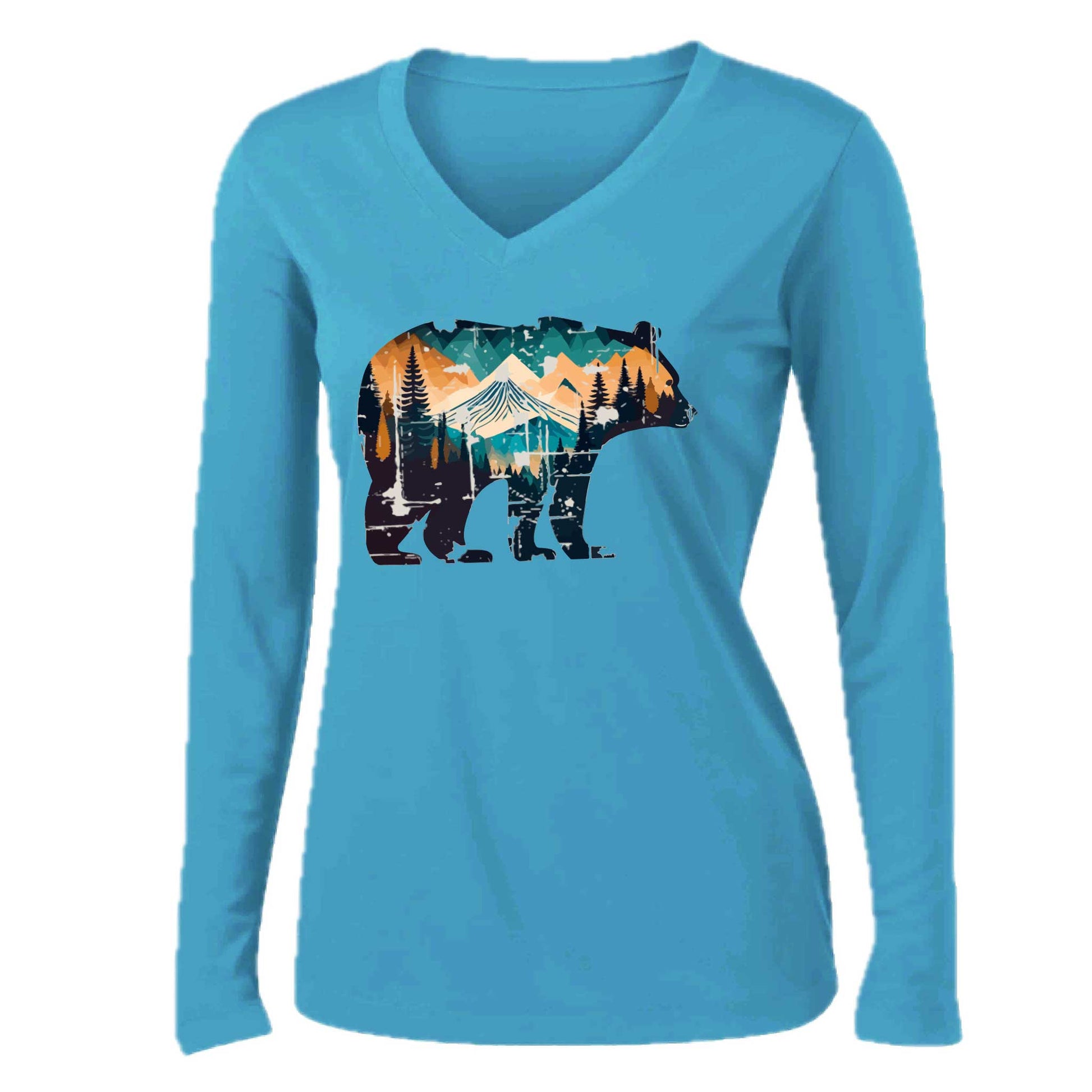 Bear Mountain | Women’s Long Sleeve V-Neck Camping T-Shirt | 100% Polyester