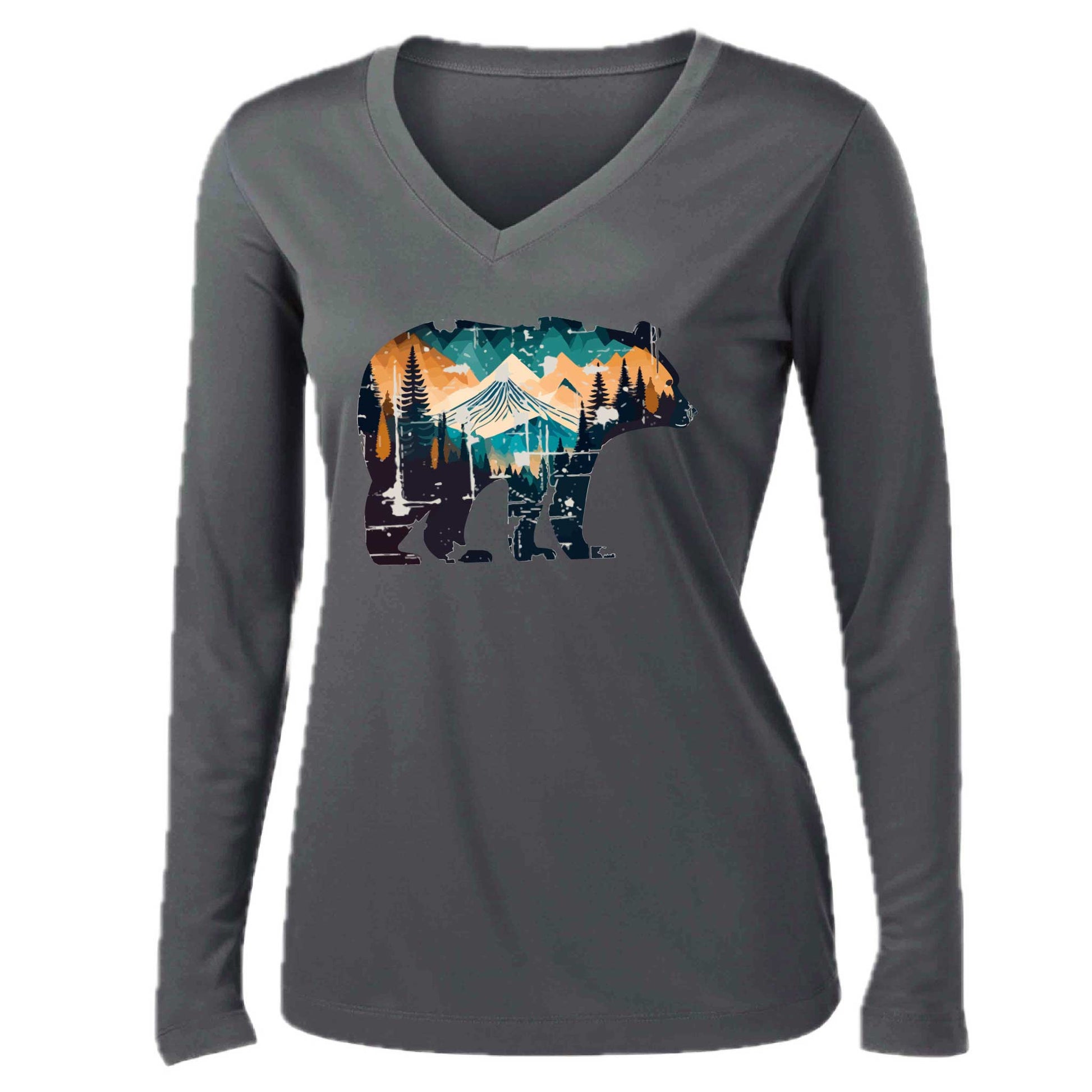 Bear Mountain | Women’s Long Sleeve V-Neck Camping T-Shirt | 100% Polyester