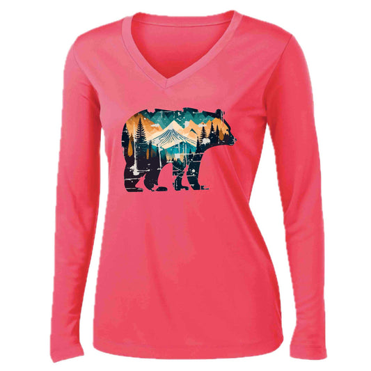 Bear Mountain | Women’s Long Sleeve V-Neck Camping T-Shirt | 100% Polyester