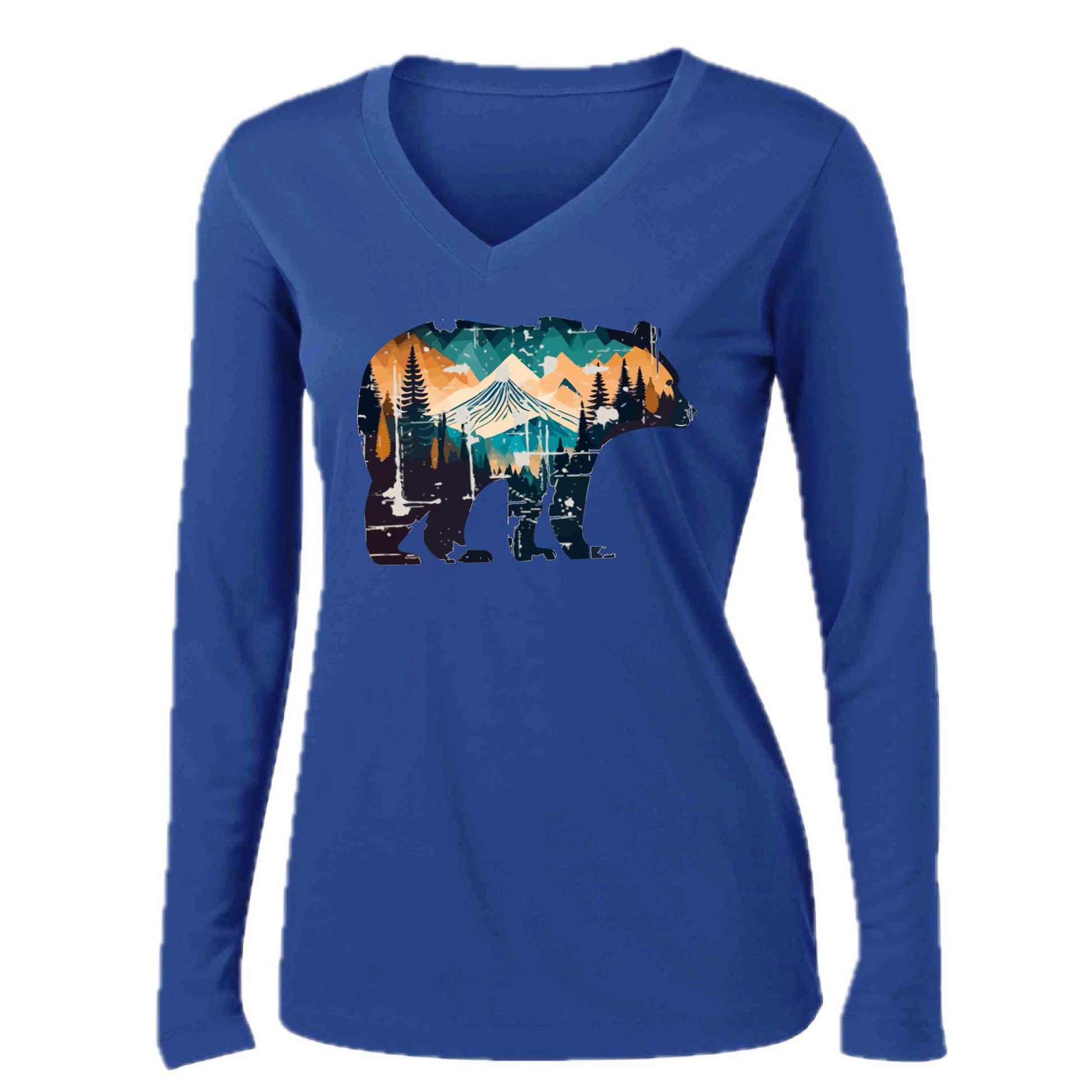 Bear Mountain | Women’s Long Sleeve V-Neck Camping T-Shirt | 100% Polyester