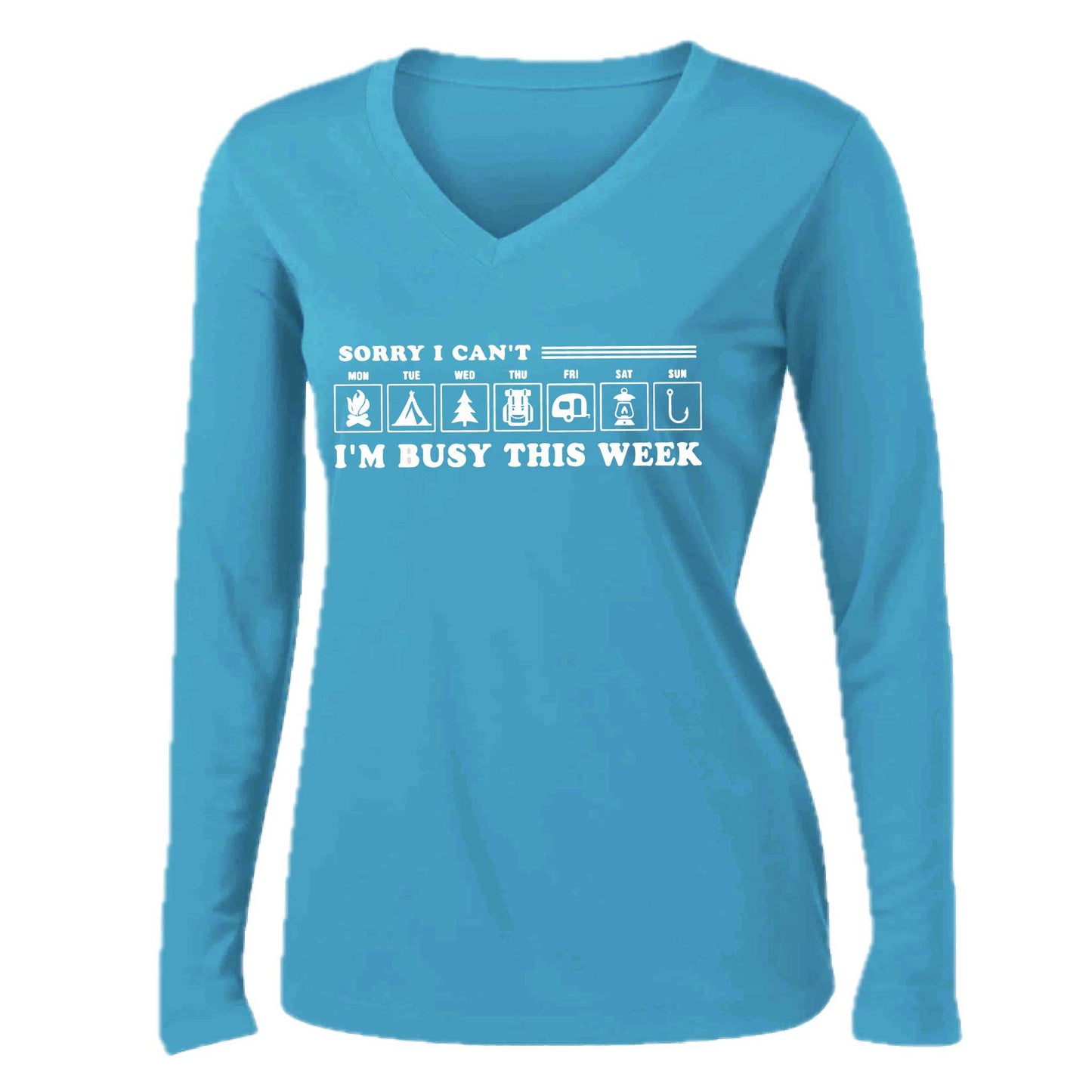 Sorry I Can't I'm Busy Camping This Week | Women’s Long Sleeve V-Neck Camping T-Shirt | 100% Polyester