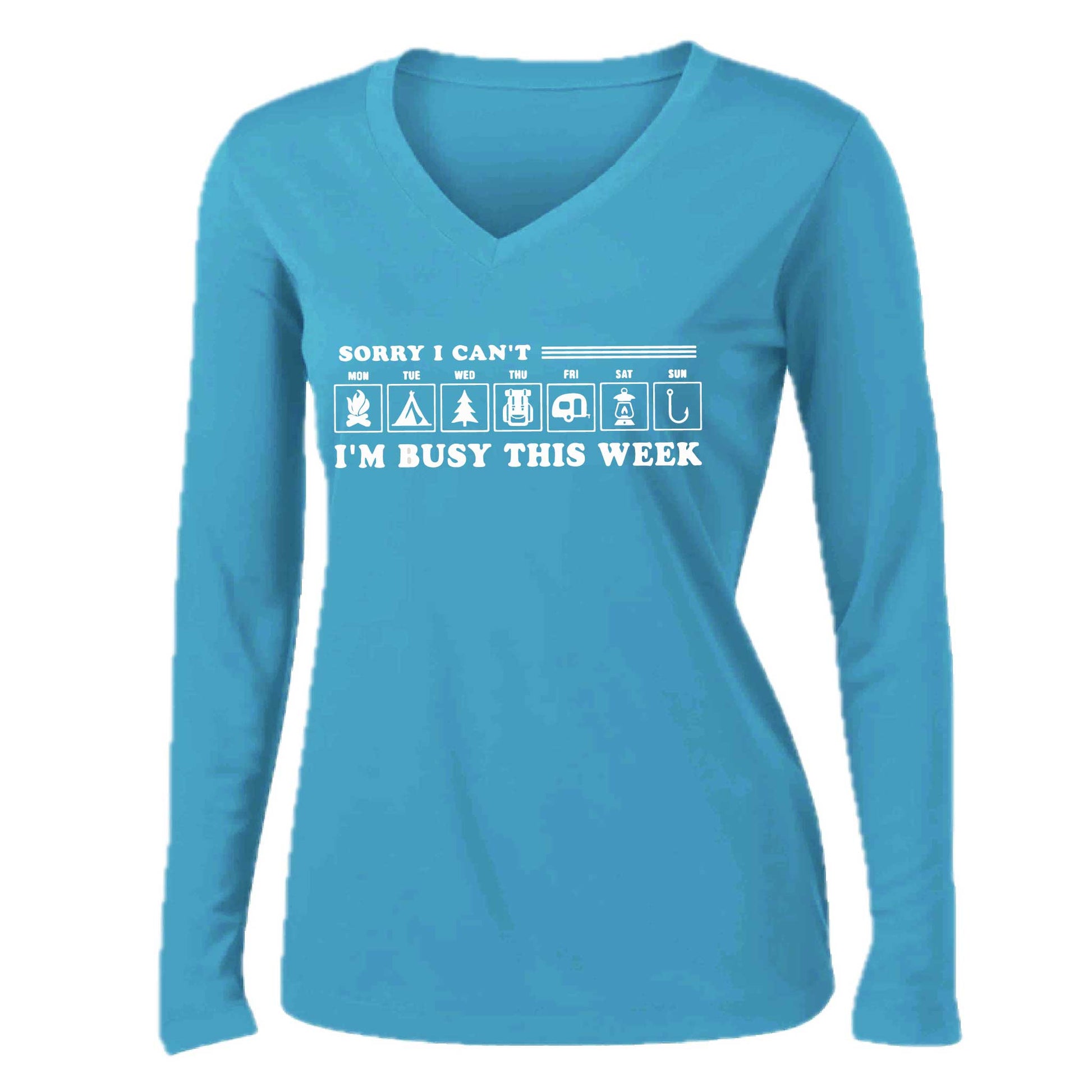 Sorry I Can't I'm Busy Camping This Week | Women’s Long Sleeve V-Neck Camping T-Shirt | 100% Polyester