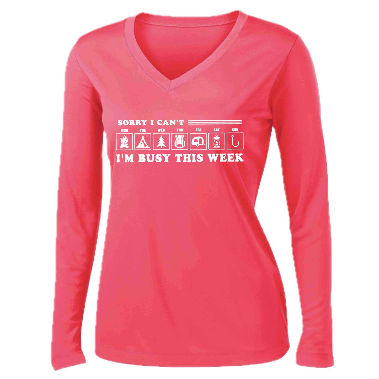 Sorry I Can't I'm Busy Camping This Week | Women’s Long Sleeve V-Neck Camping T-Shirt | 100% Polyester