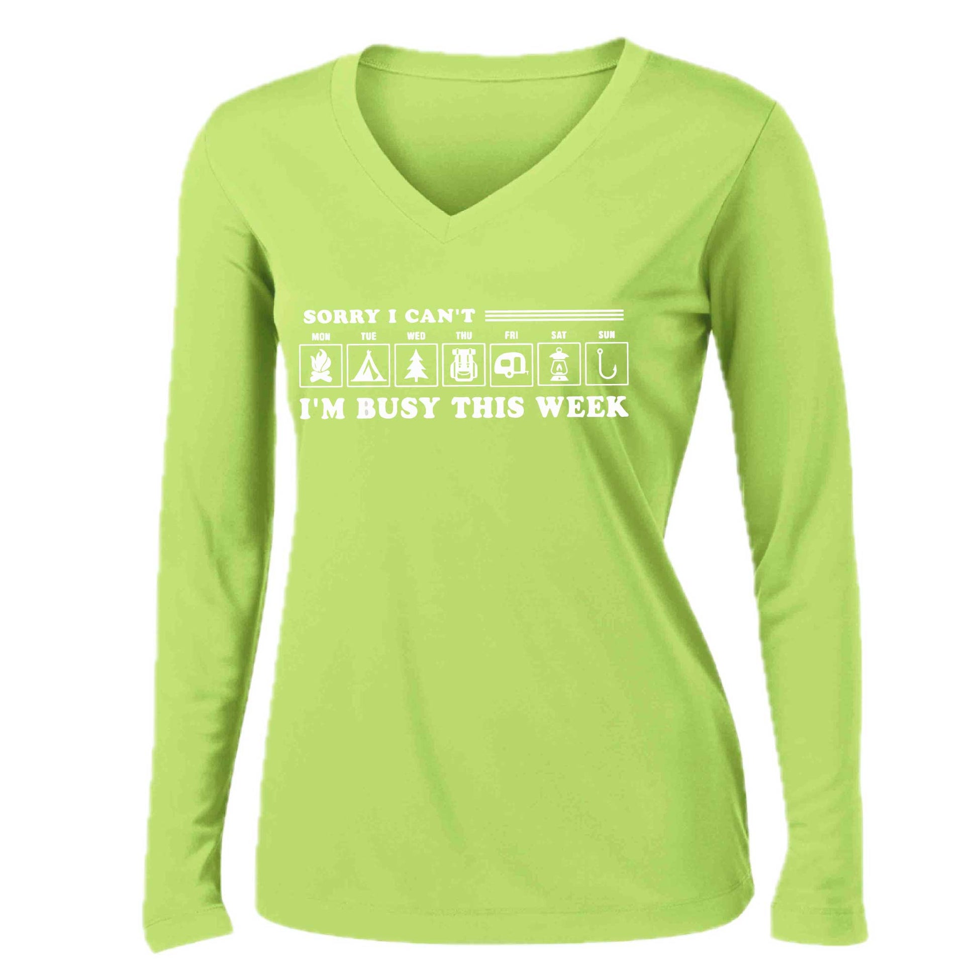Sorry I Can't I'm Busy Camping This Week | Women’s Long Sleeve V-Neck Camping T-Shirt | 100% Polyester