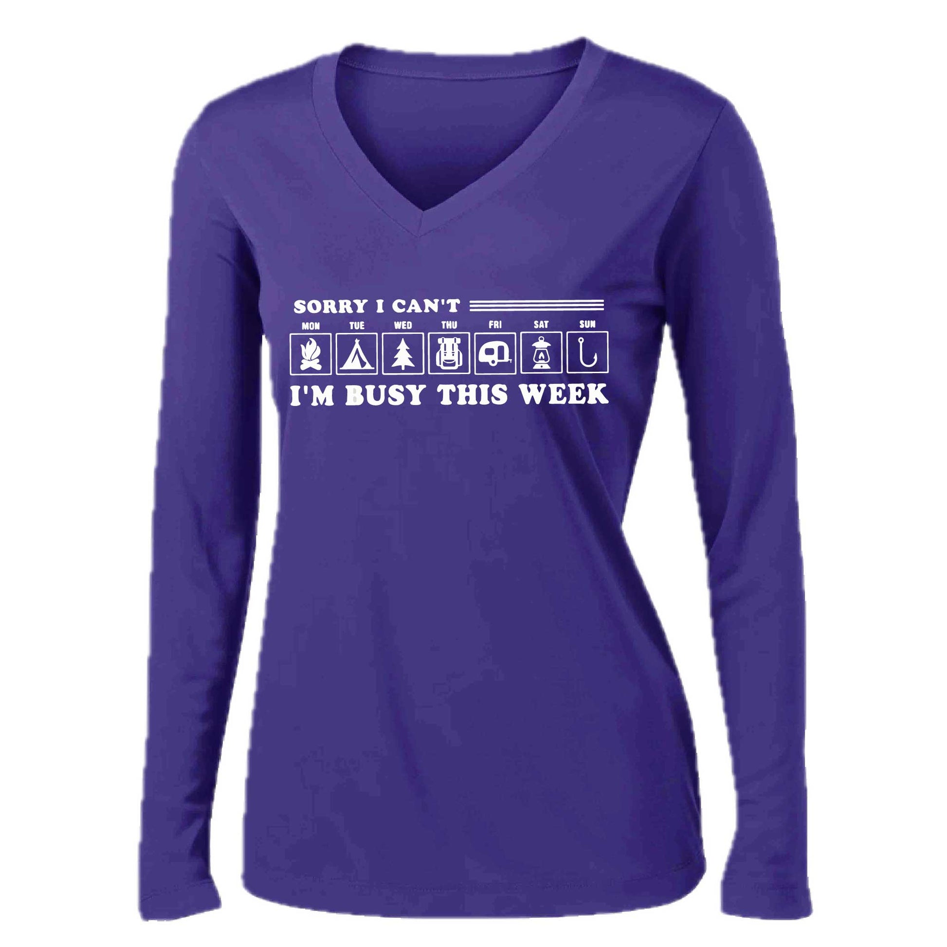 Sorry I Can't I'm Busy Camping This Week | Women’s Long Sleeve V-Neck Camping T-Shirt | 100% Polyester